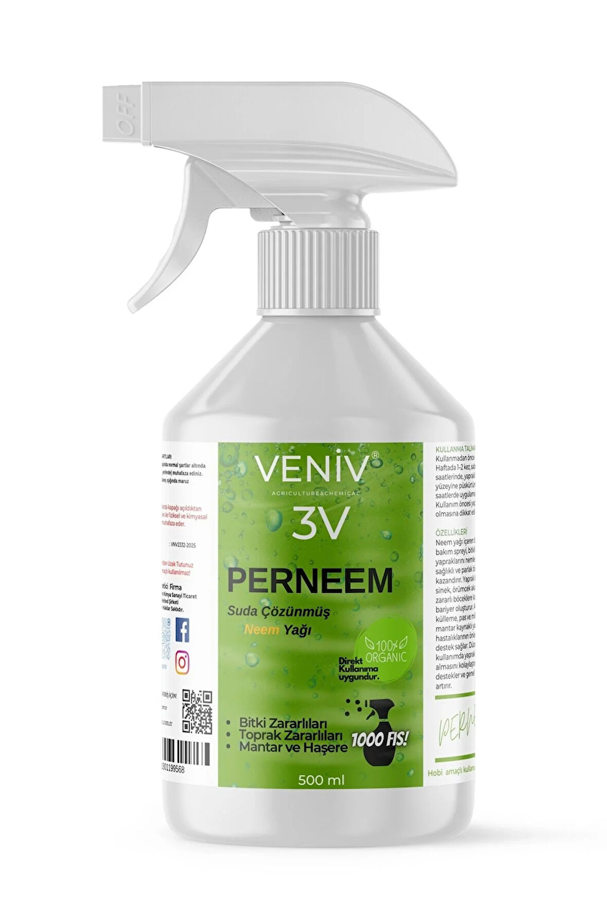 3v Perneem %100 Organik Böcek Kovucu| Beyaz Sinek, Trips, Unlu & Yeşil Bit– Neem Yağı– Tüm Haşereler