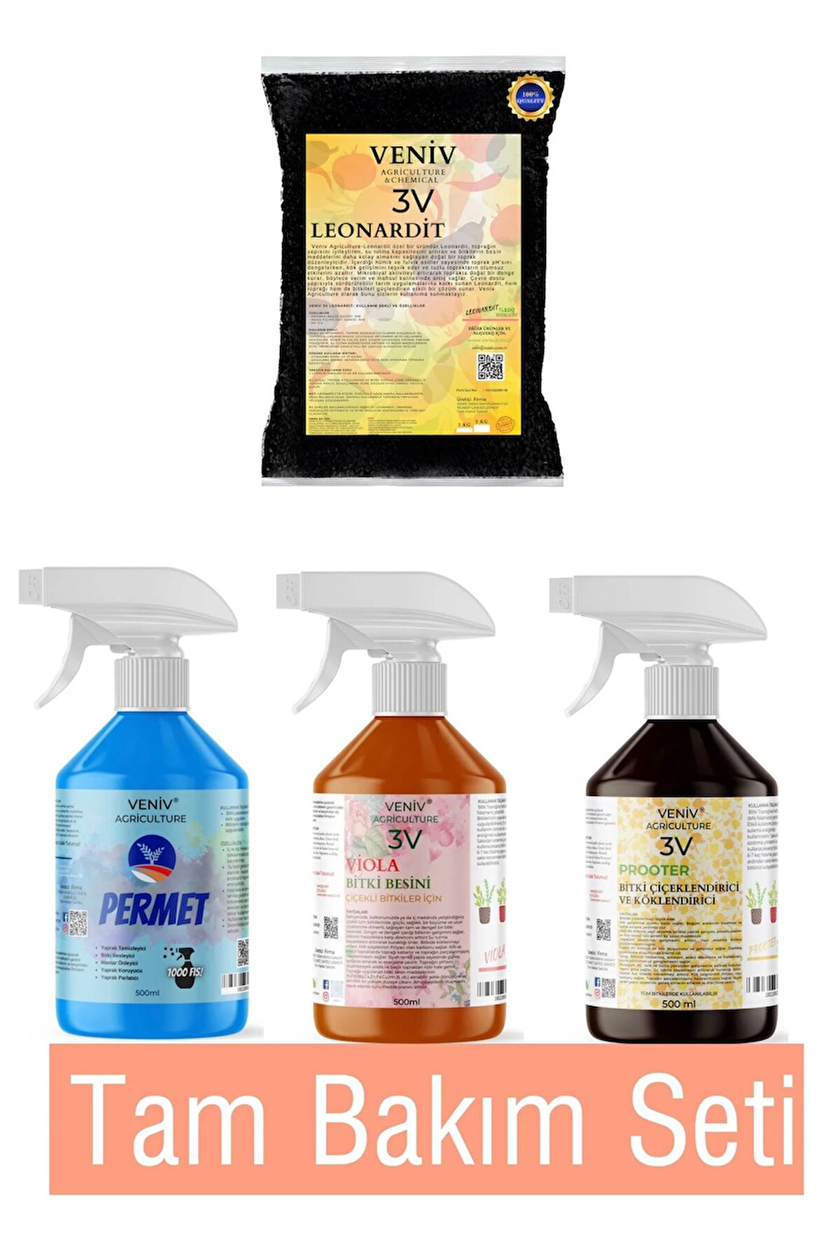 4'lü Evde Bitki Yetiştirme Seti Köklendirme+Koruma+Bitki Besini+Leonardit 1 kg +Viola+Prooter+Permet