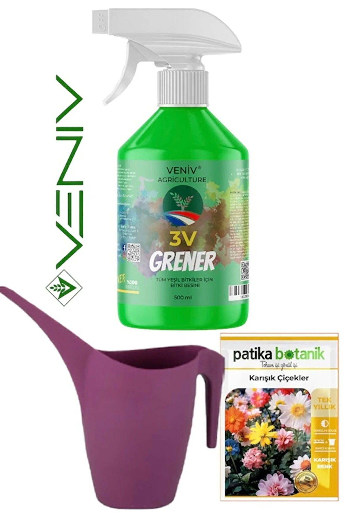 3V Grener Bitki Besini (500ml) + 1L Sulama Kabı + 100’lü Karışık Çiçek Tohumu