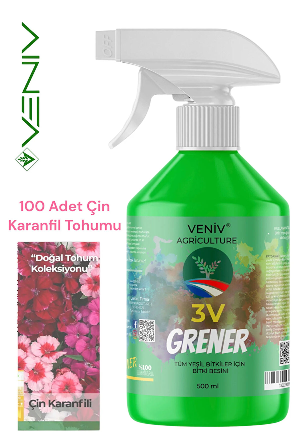 3V Grener 500 ml Bitki Besini + 100 Adet Çin Karanfili Tohumu – Renkli, Zarif ve Dayanıklı Çiçekler