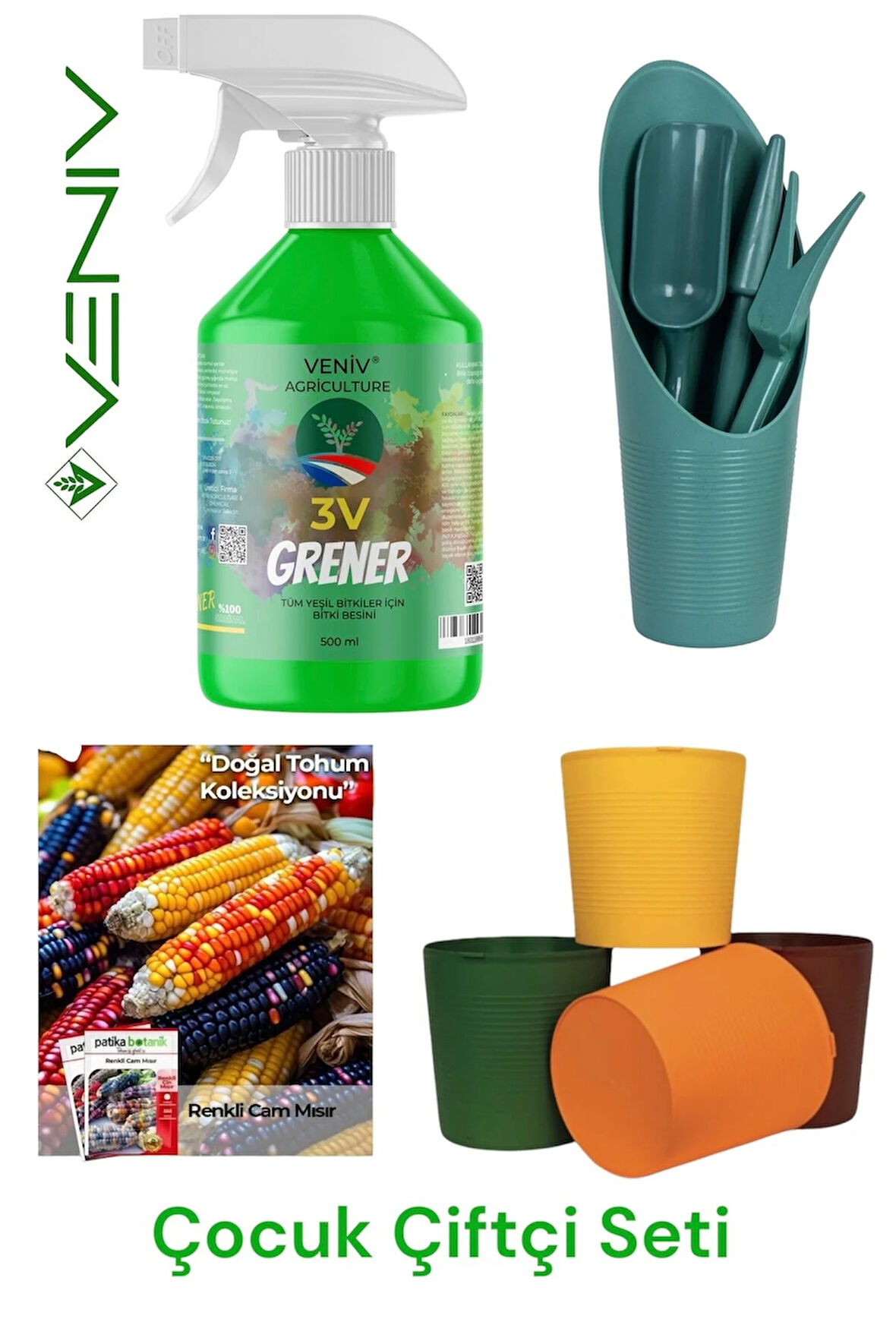 3V Grener Bitki Besini 500 ml + 1 Adet 9.8L Saksı + 4’lü Fide Ekim Seti + 15 Renkli Mısır Tohumu
