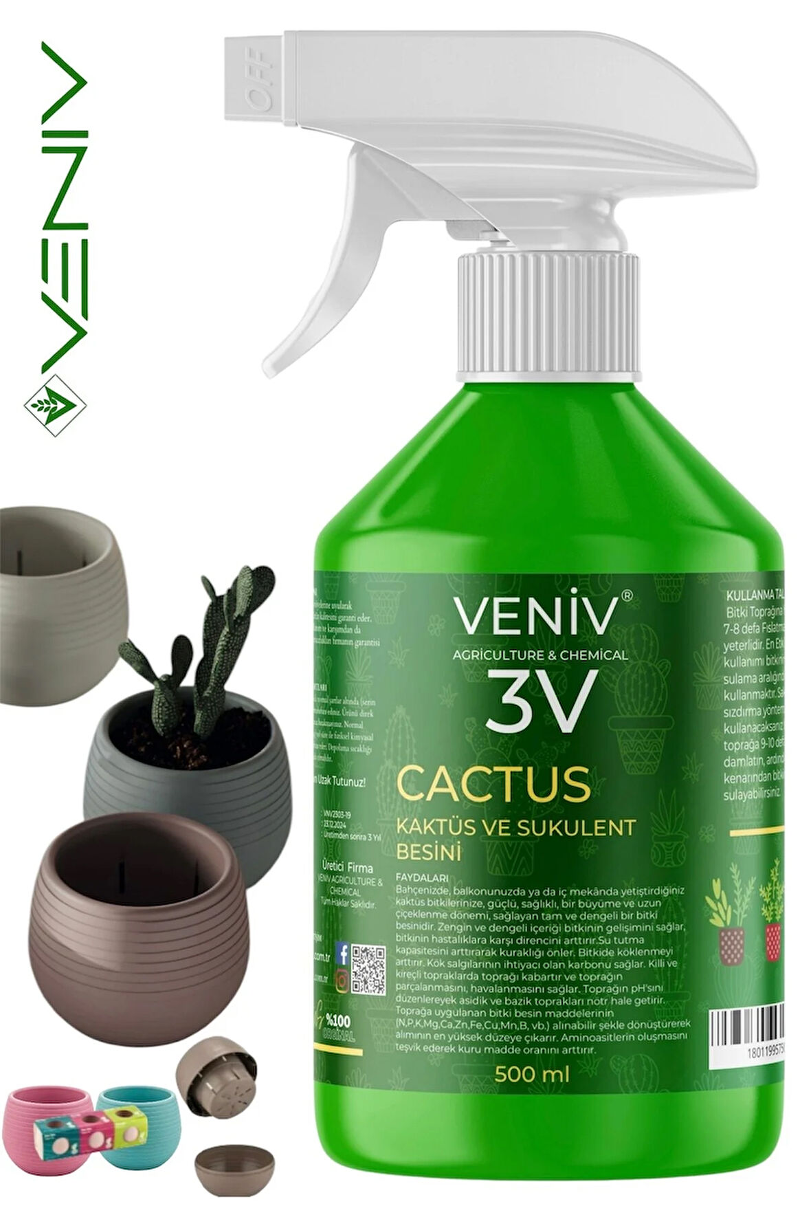 3V Cactus Kaktüs & Sukulent Besini 500 ml + 3 Adet 0.13L Delikli Saksı Seti