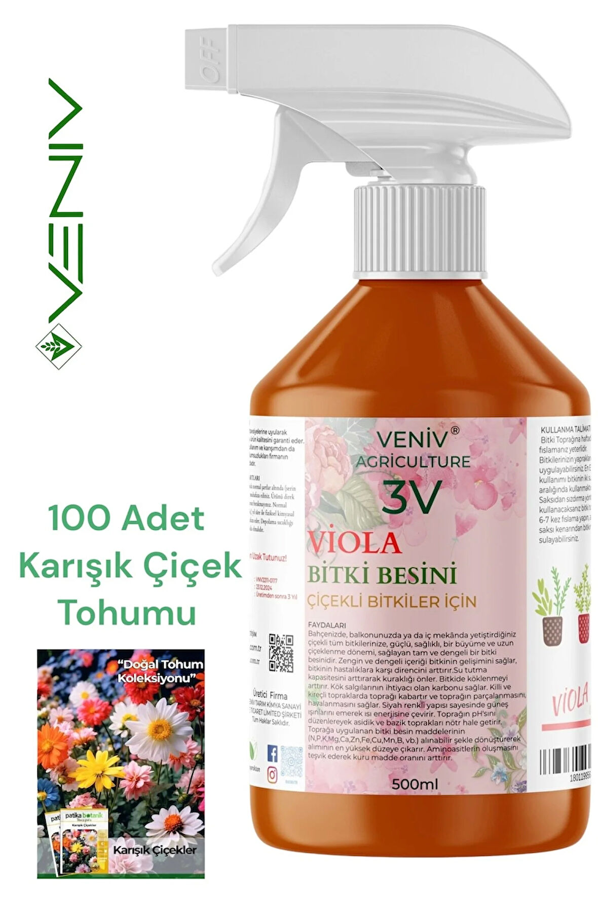 3V Viola Bitki Besini 500ml + 100 Adet Karışık Çiçek Tohumu Seti
