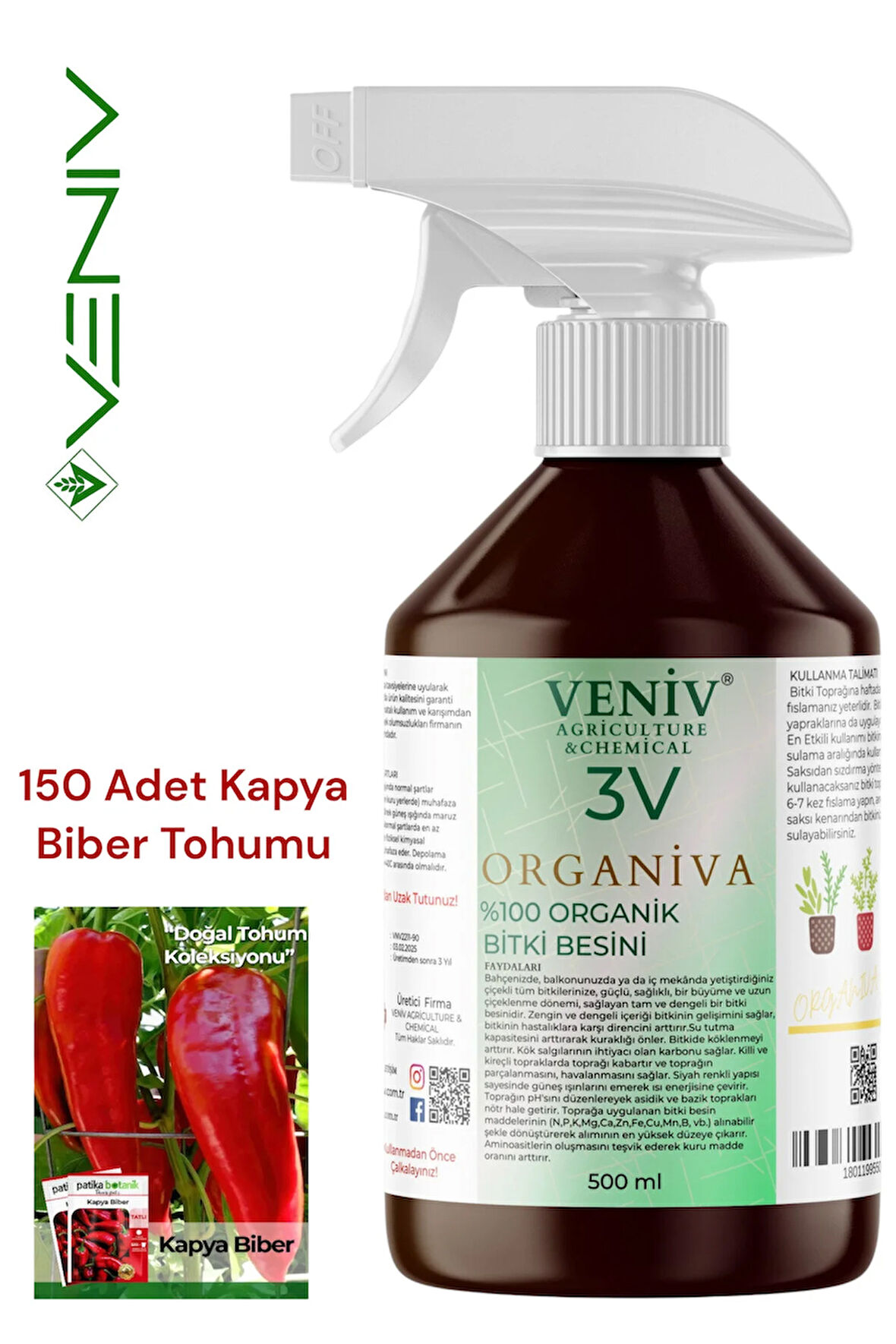 3V Organiva %100 Organik Bitki Besini+ 150 Adet Kapya Biber Tohumu- Doğal Lezzet