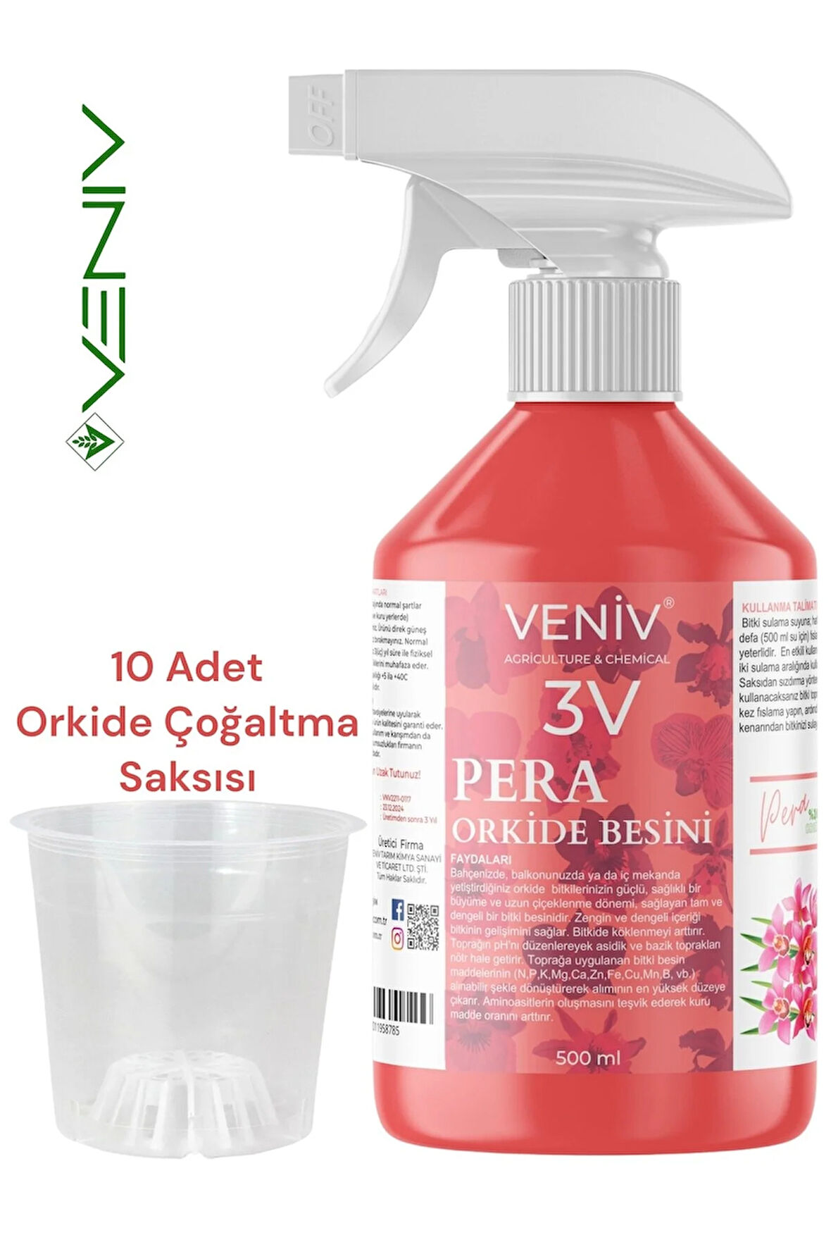 3V Pera 500 mL Orkide Besini + 10 Adet 0.68L Orkide Saksısı Seti