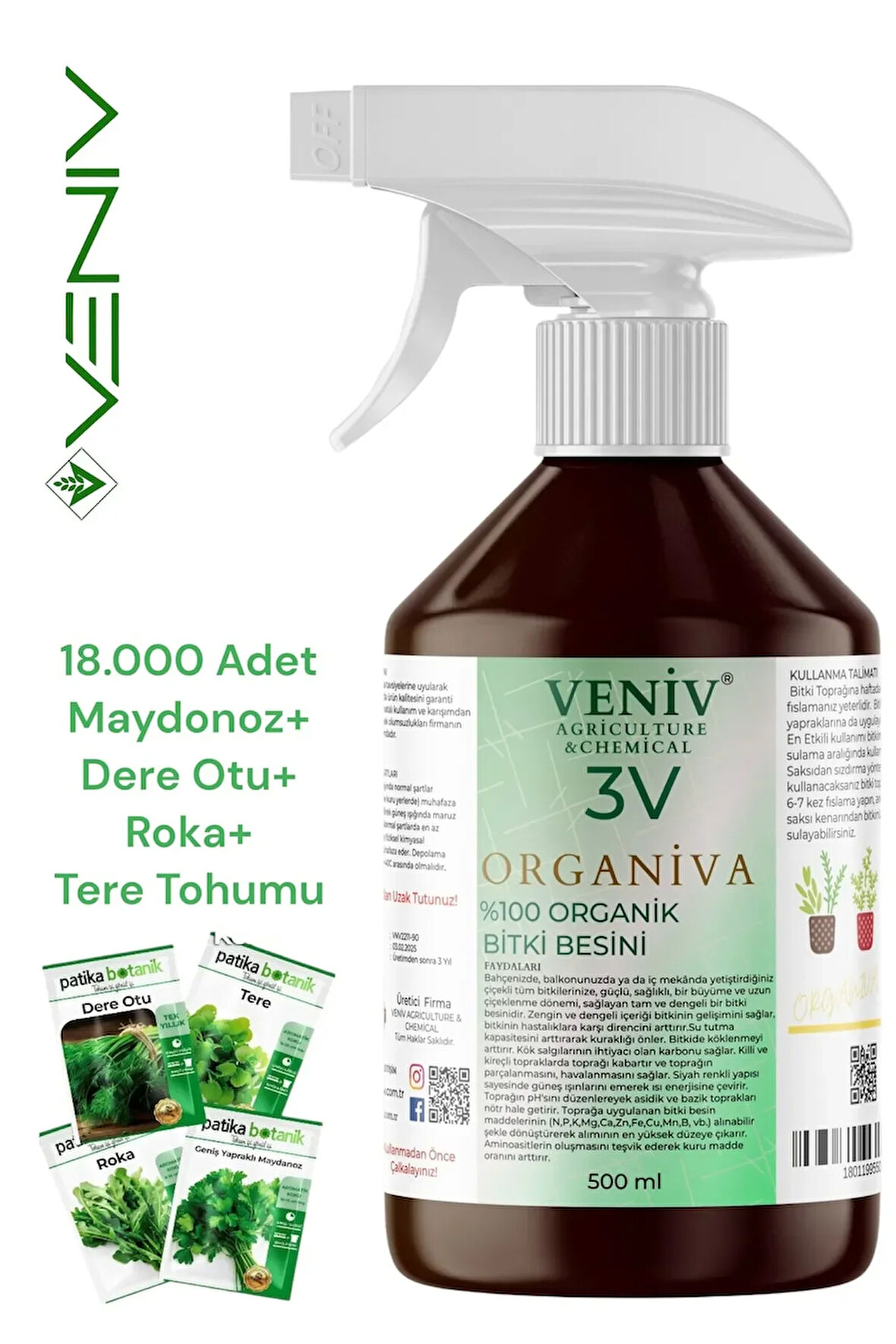 3V Organiva %100 Organik Bitki Besini (500 ml) + 4’lü Yeşillik Tohum Seti– Doğal ve Güçlü Gelişim