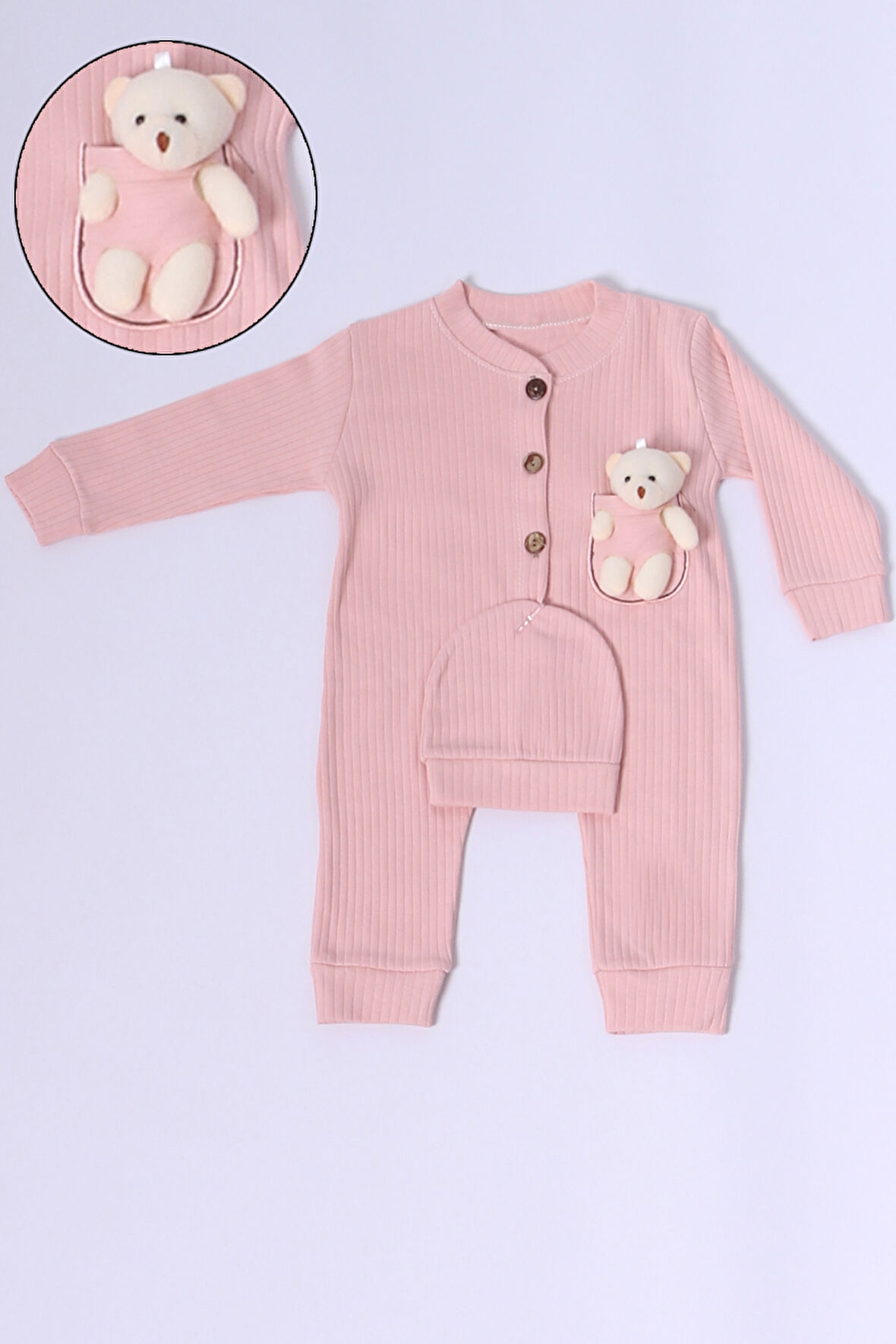 BEBEK TULUM ŞAPKA HEDİYELİ DÜĞMELİ AYICIK DETAYLI C32