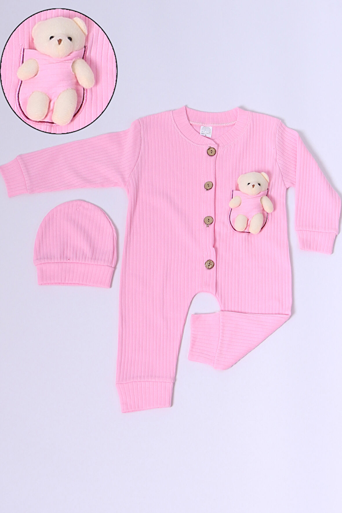 BEBEK TULUM ŞAPKA HEDİYELİ DÜĞMELİ AYICIK DETAYLI C32