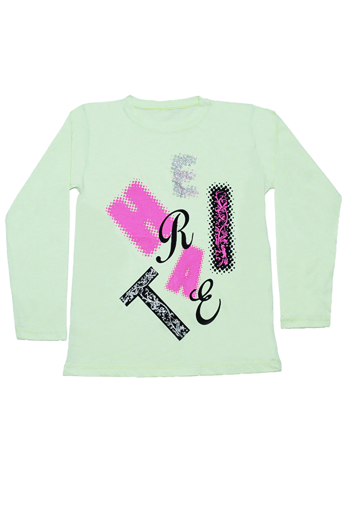 KIZ ÇOCUK UZUN KOLLU TSHİRT PULLU HARF BASKILI BİSİKLET YAKA E9