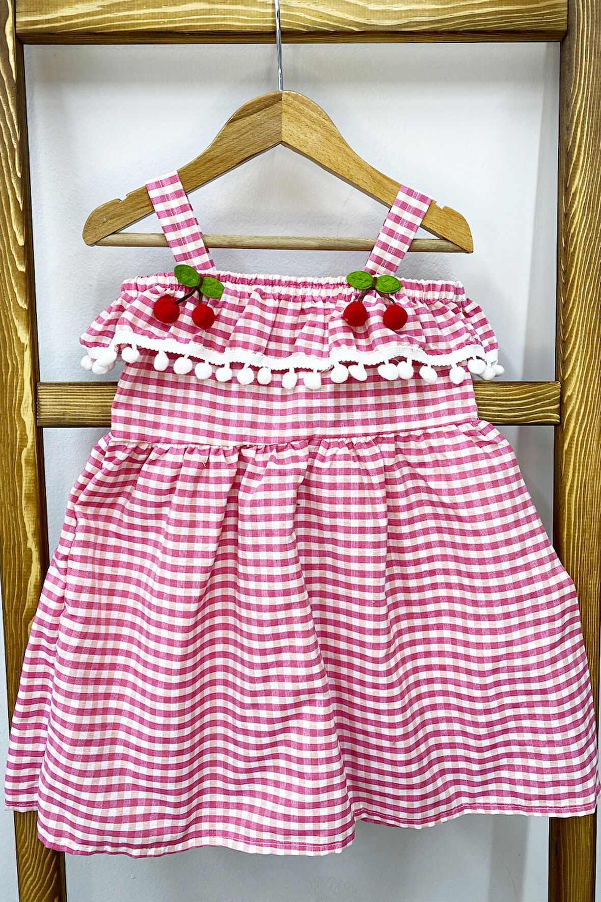 KIZ ÇOCUK ASKILI ELBİSE DANTELLİ EKOSE DESENLİ B14