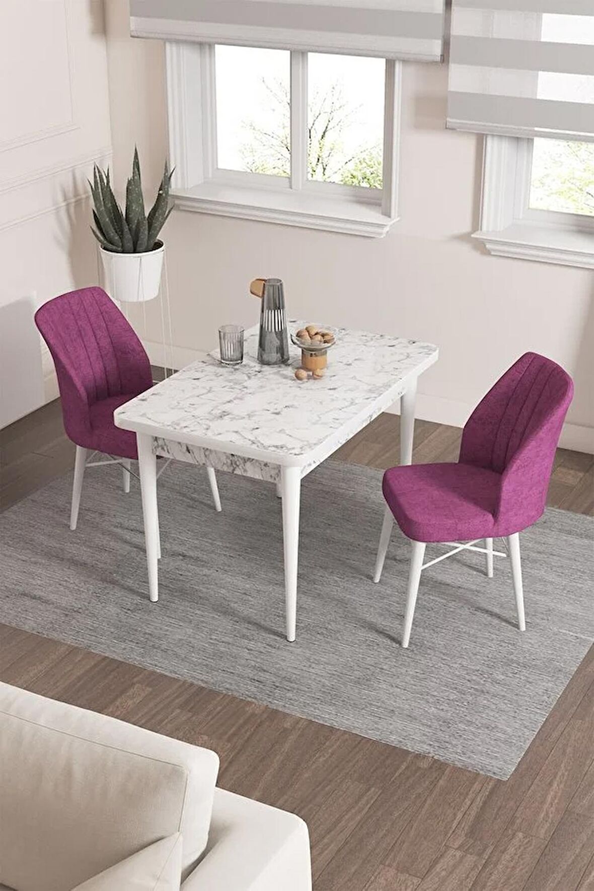 Rovena Lera Beyaz Mermer 70x110 Sabit Mdf Mutfak Masası Takımı 2 Adet Sandalye