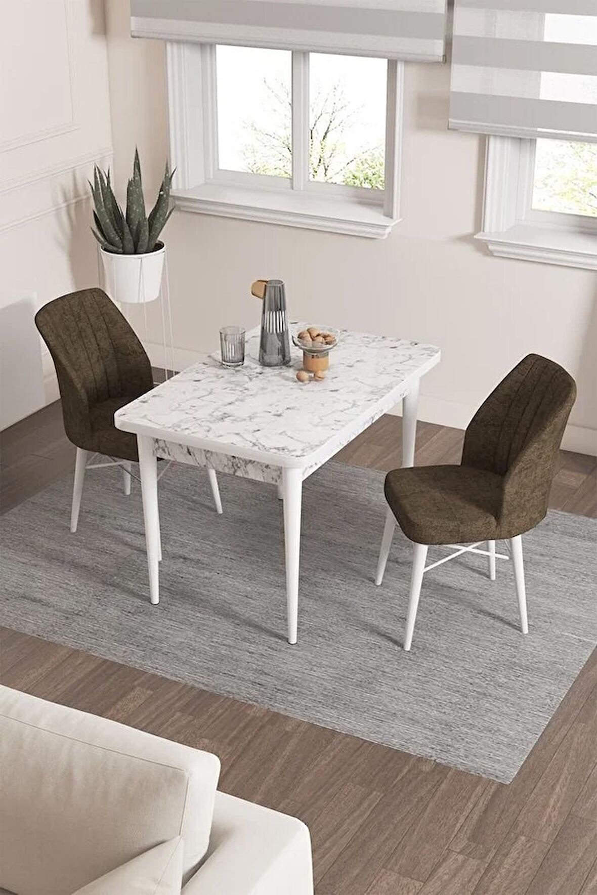 Rovena Lera Beyaz Mermer 70x110 Sabit Mdf Mutfak Masası Takımı 2 Adet Sandalye