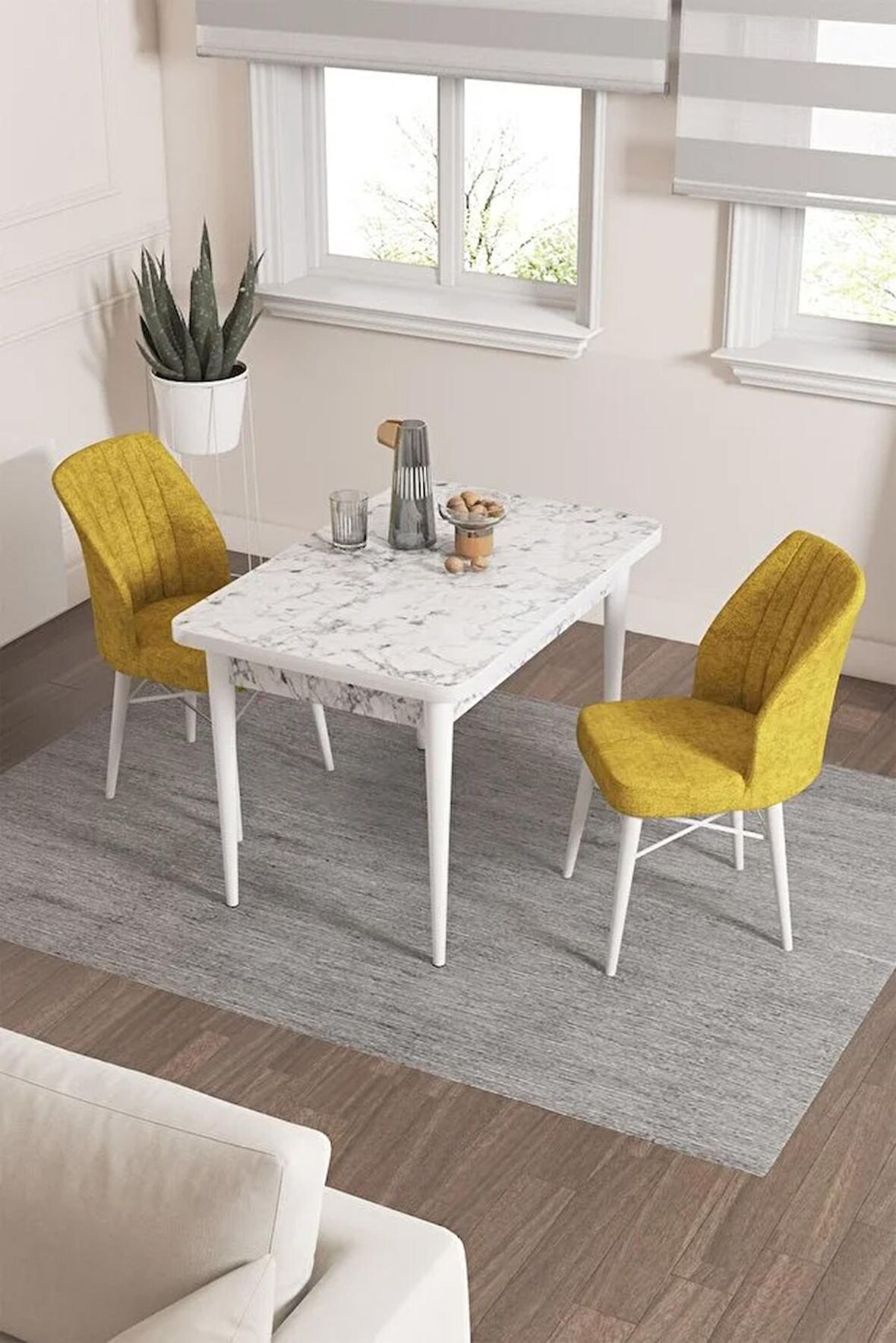 Rovena Lera Beyaz Mermer 70x110 Sabit Mdf Mutfak Masası Takımı 2 Adet Sandalye