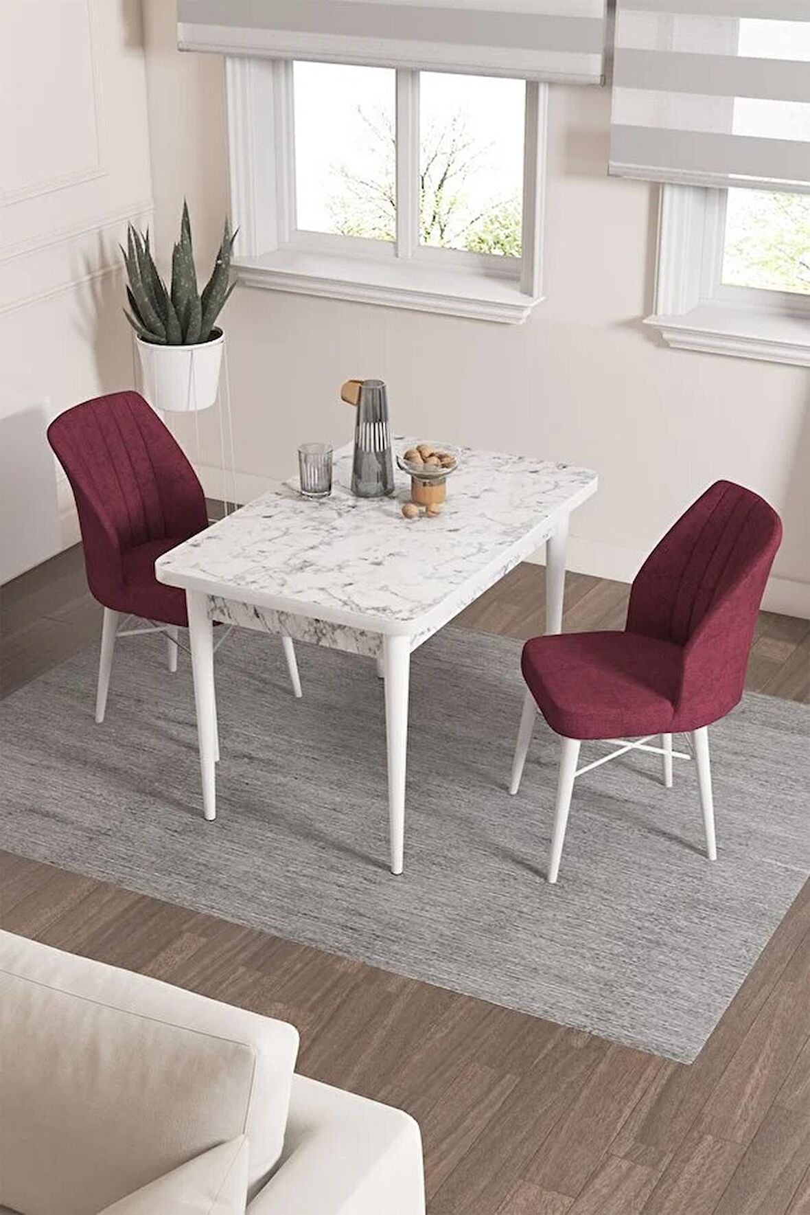 Rovena Lera Beyaz Mermer 70x110 Sabit Mdf Mutfak Masası Takımı 2 Adet Sandalye