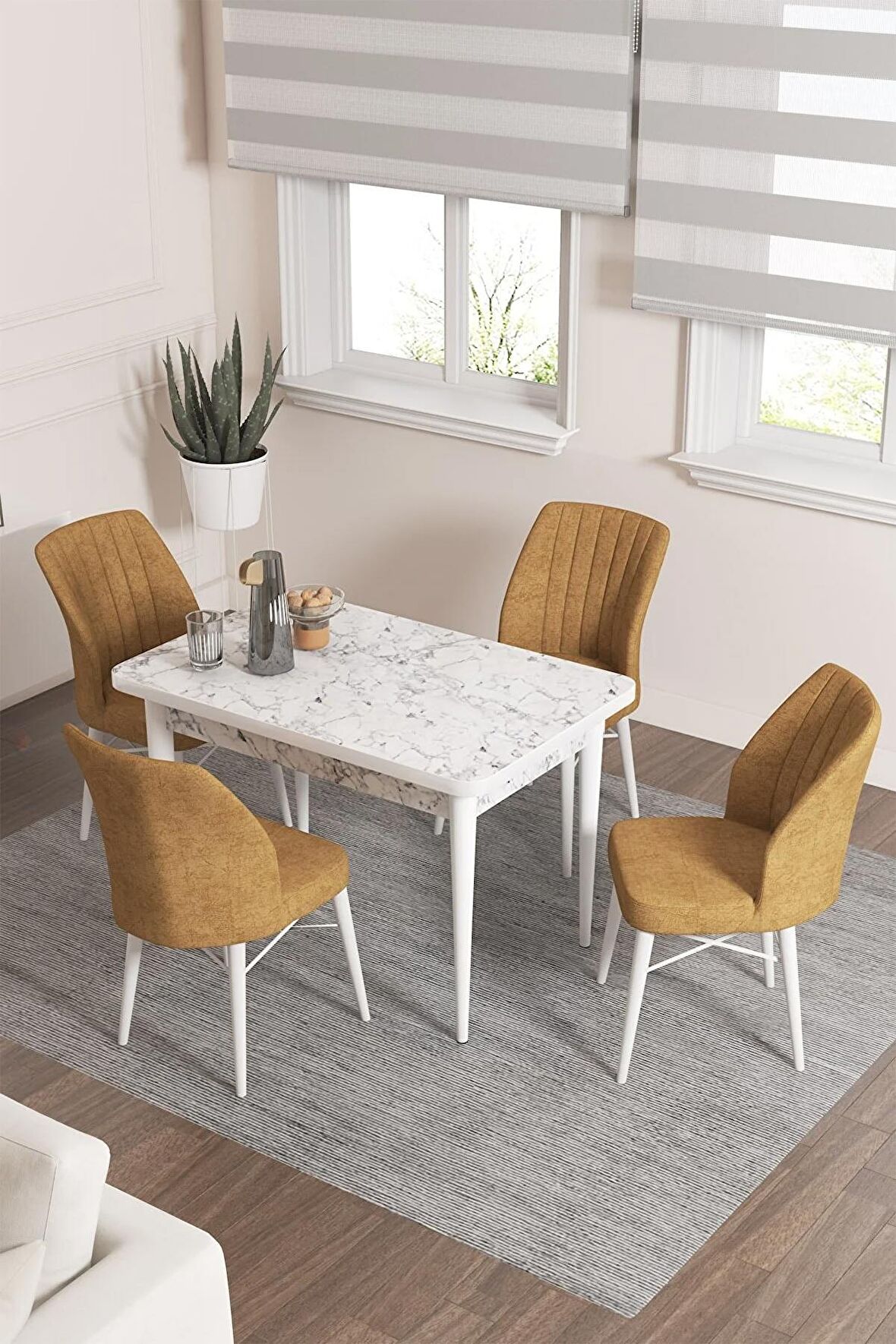 Rovena Lera Beyaz Mermer 70x110 Sabit Mdf Mutfak Masası Takımı 4 Adet Sandalye