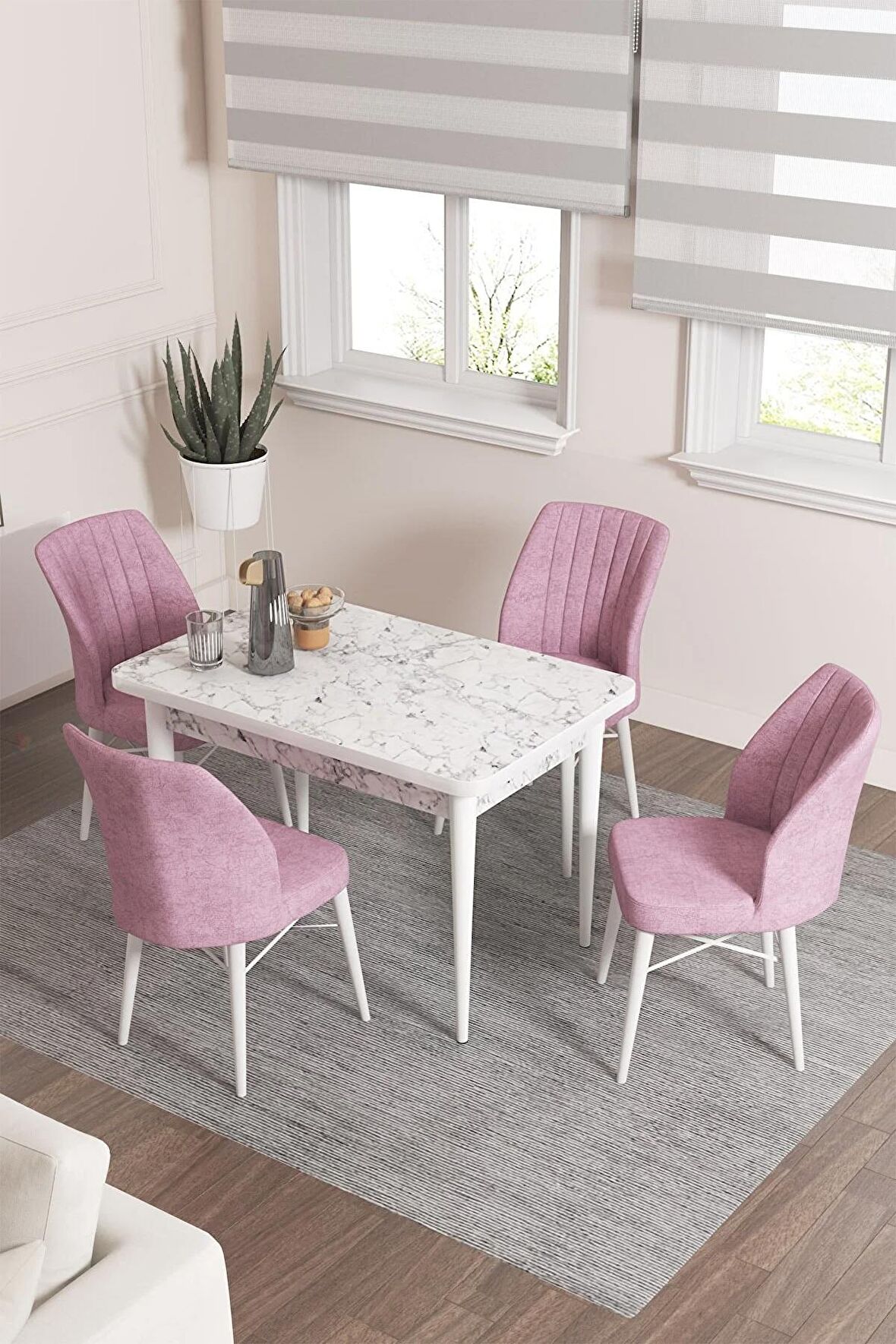 Rovena Lera Beyaz Mermer 70x110 Sabit Mdf Mutfak Masası Takımı 4 Adet Sandalye