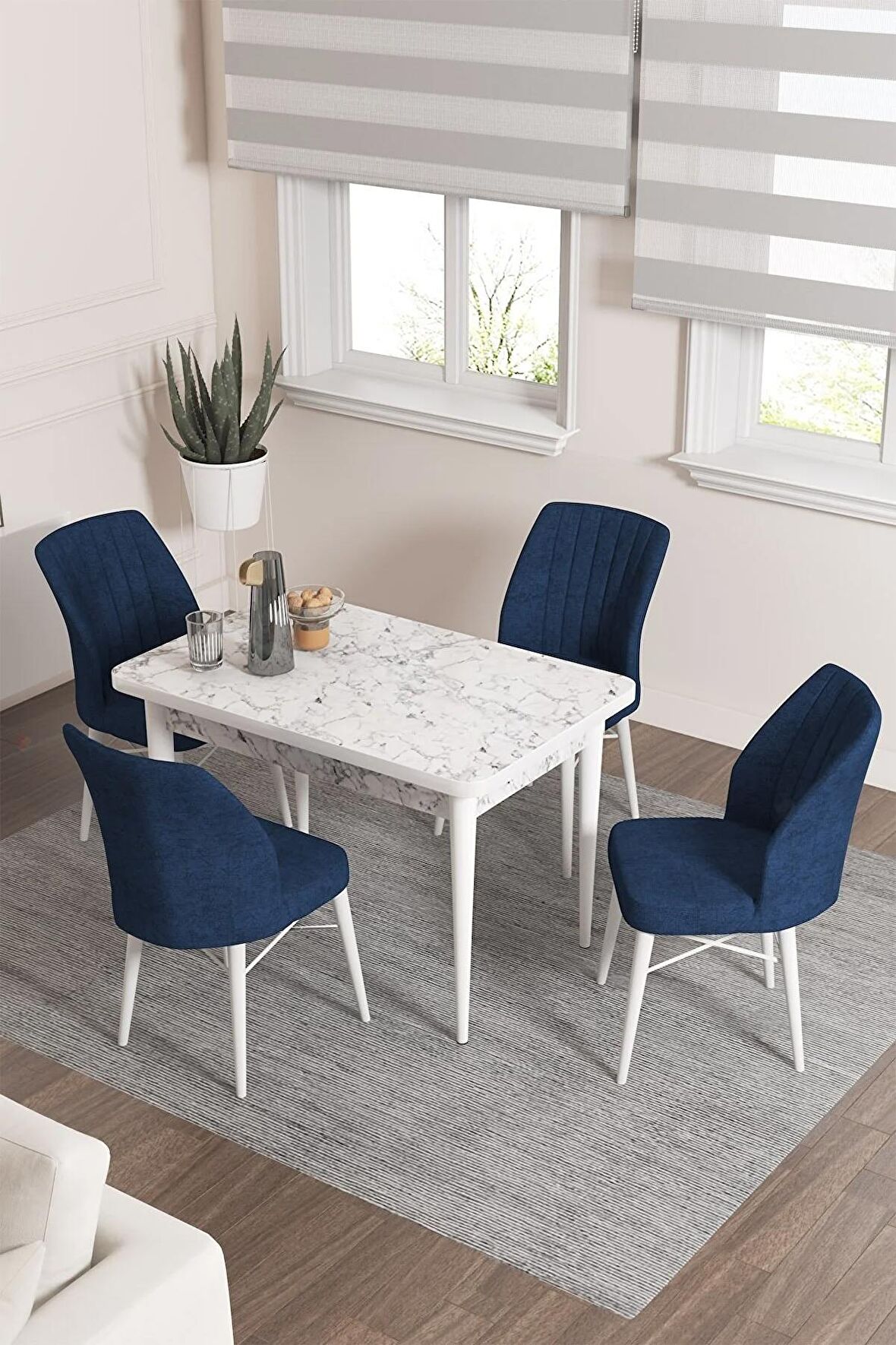 Rovena Lera Beyaz Mermer 70x110 Sabit Mdf Mutfak Masası Takımı 4 Adet Sandalye