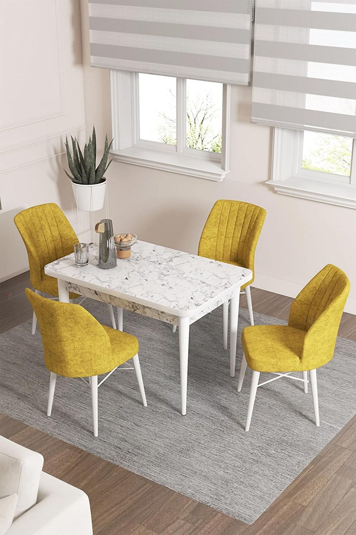Rovena Lera Beyaz Mermer 70x110 Sabit Mdf Mutfak Masası Takımı 4 Adet Sandalye