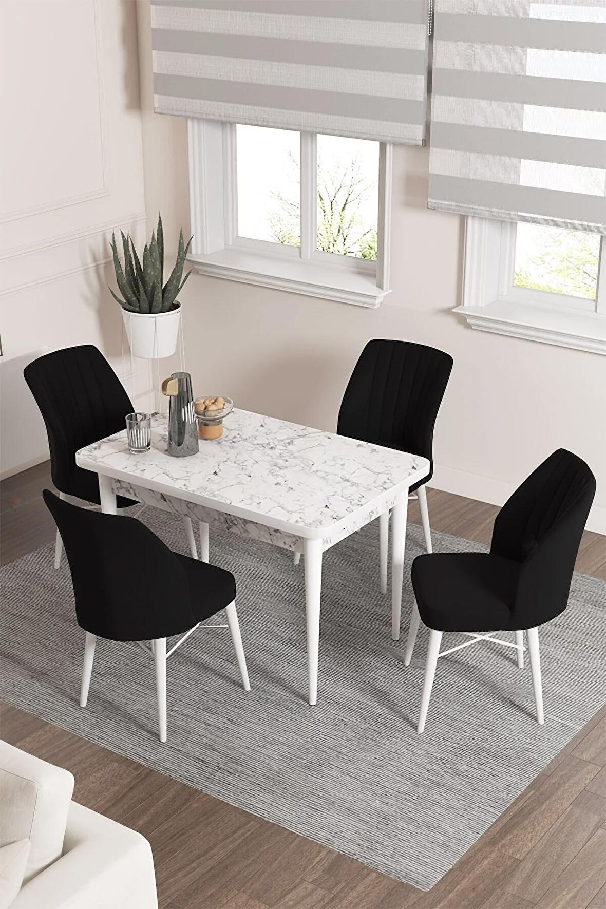 Rovena Lera Beyaz Mermer 70x110 Sabit Mdf Mutfak Masası Takımı 4 Adet Sandalye