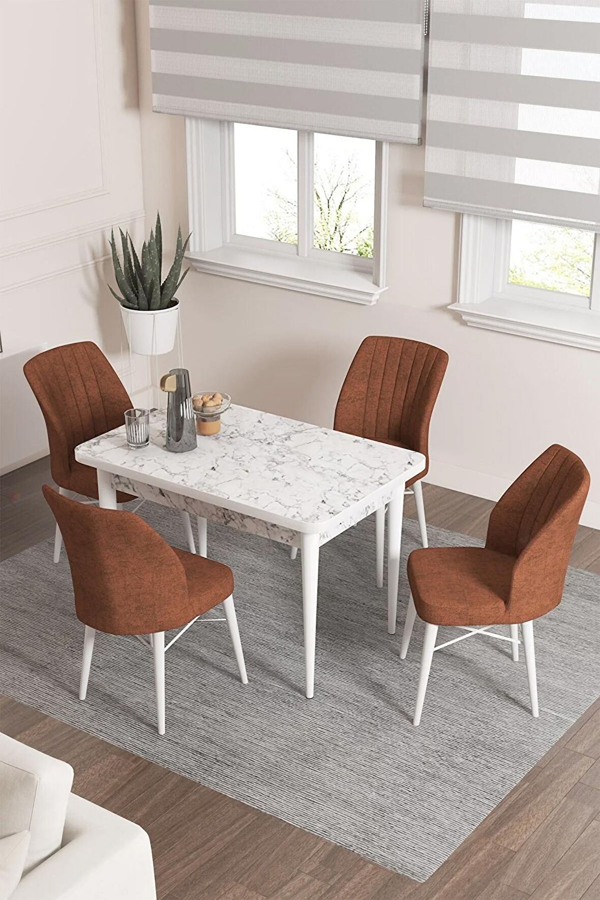 Rovena Lera Beyaz Mermer 70x110 Sabit Mdf Mutfak Masası Takımı 4 Adet Sandalye