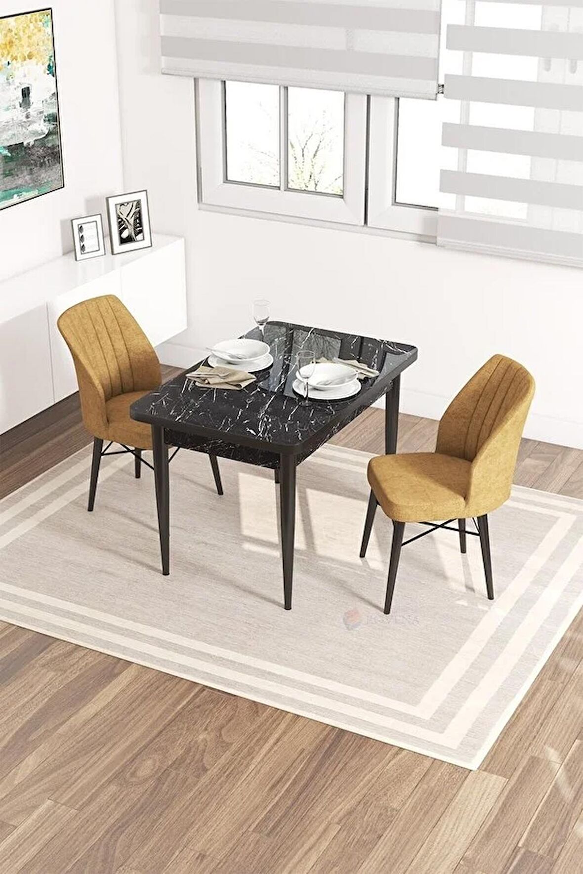 Rovena Lera Siyah Mermer 70x110 Sabit Mdf Mutfak Masası Takımı 2 Adet Sandalye