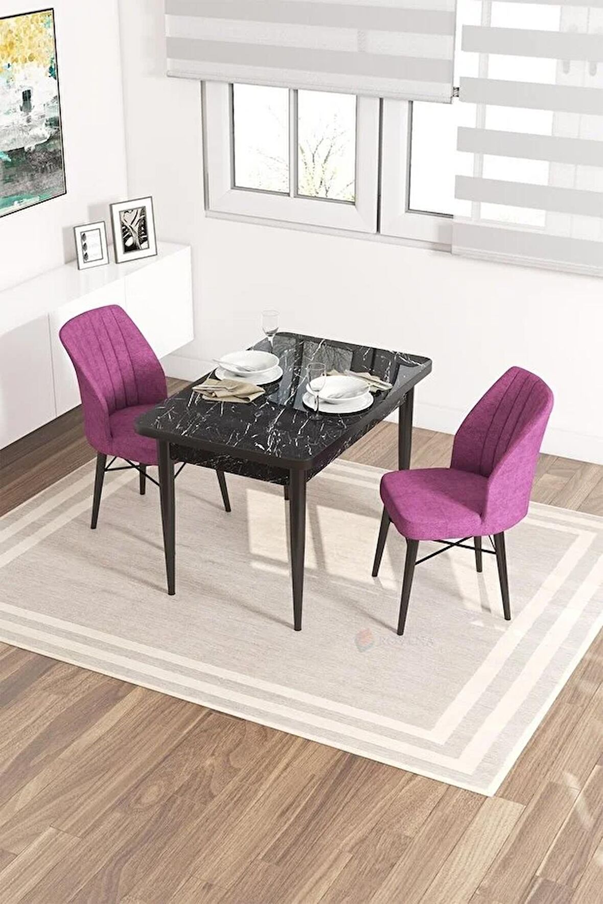 Rovena Lera Siyah Mermer 70x110 Sabit Mdf Mutfak Masası Takımı 2 Adet Sandalye