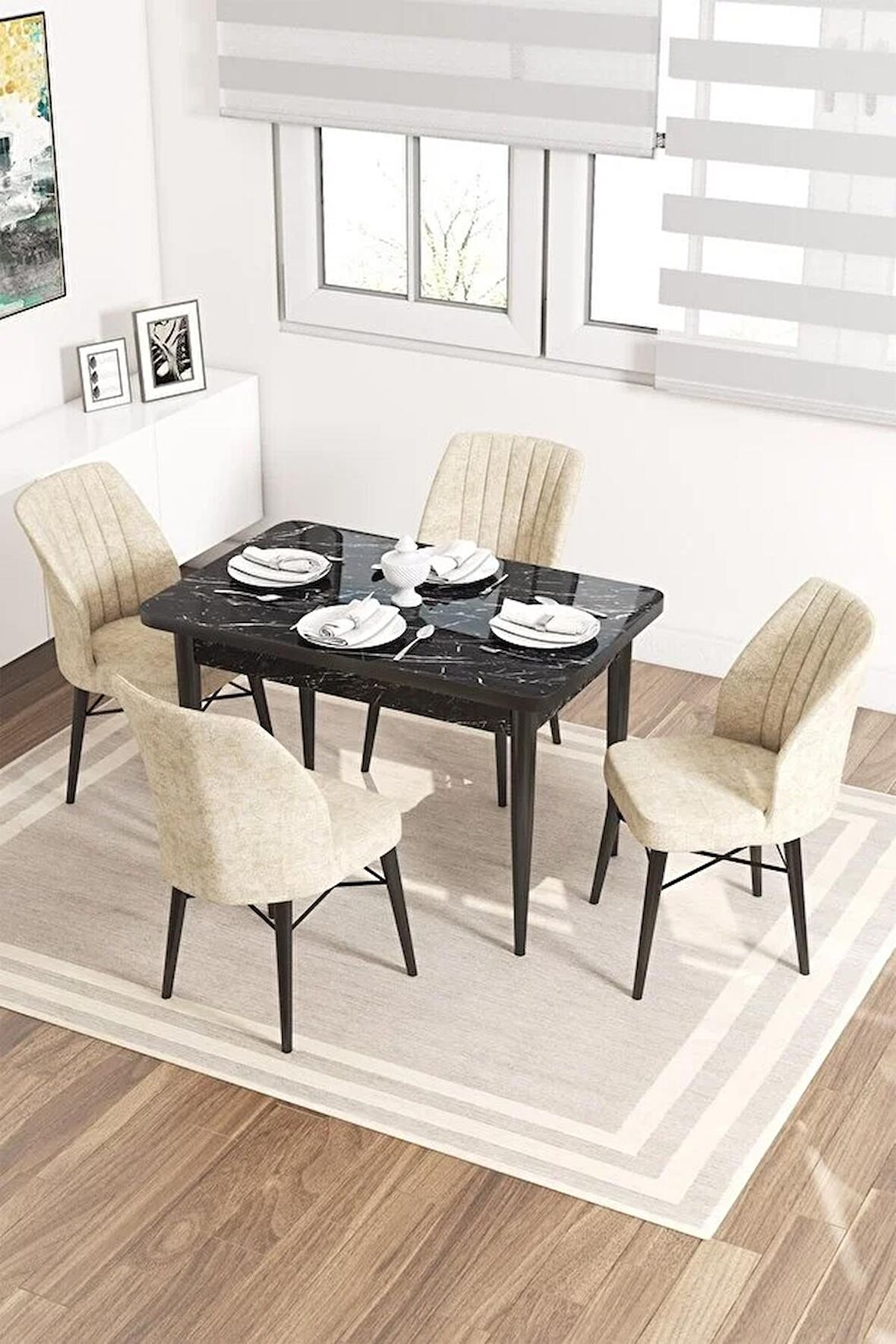 Rovena Lera Siyah Mermer 70x110 Sabit Mdf Mutfak Masası Takımı 4 Adet Sandalye