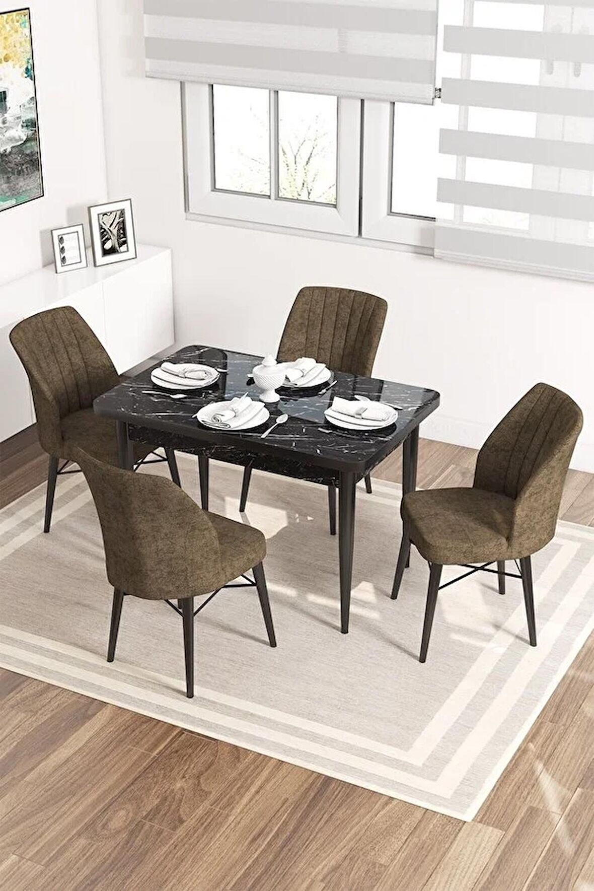 Rovena Lera Siyah Mermer 70x110 Sabit Mdf Mutfak Masası Takımı 4 Adet Sandalye