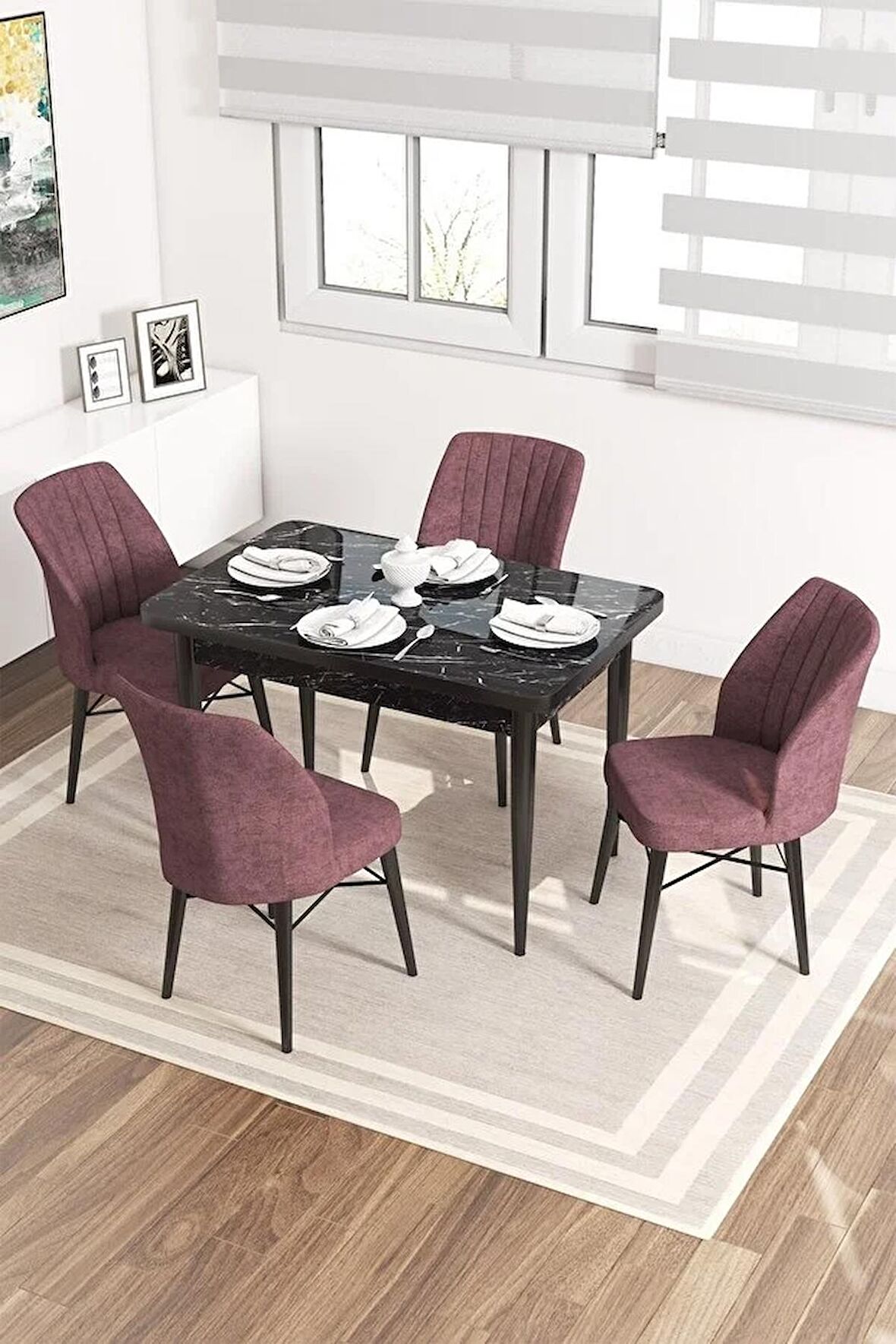 Rovena Lera Siyah Mermer 70x110 Sabit Mdf Mutfak Masası Takımı 4 Adet Sandalye