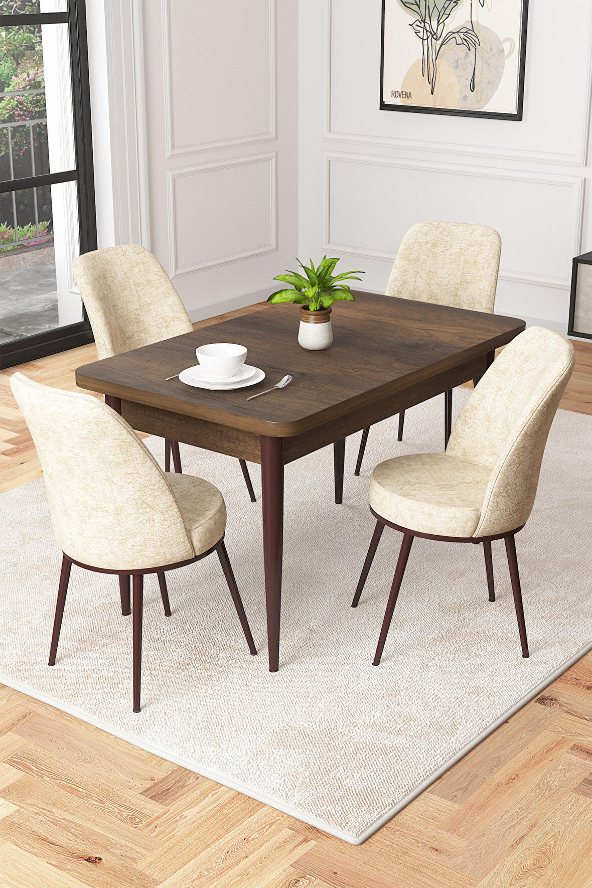 Rovena Duru Barok 70x110 Sabit Mdf Mutfak Masası Takımı 4 Adet Sandalye