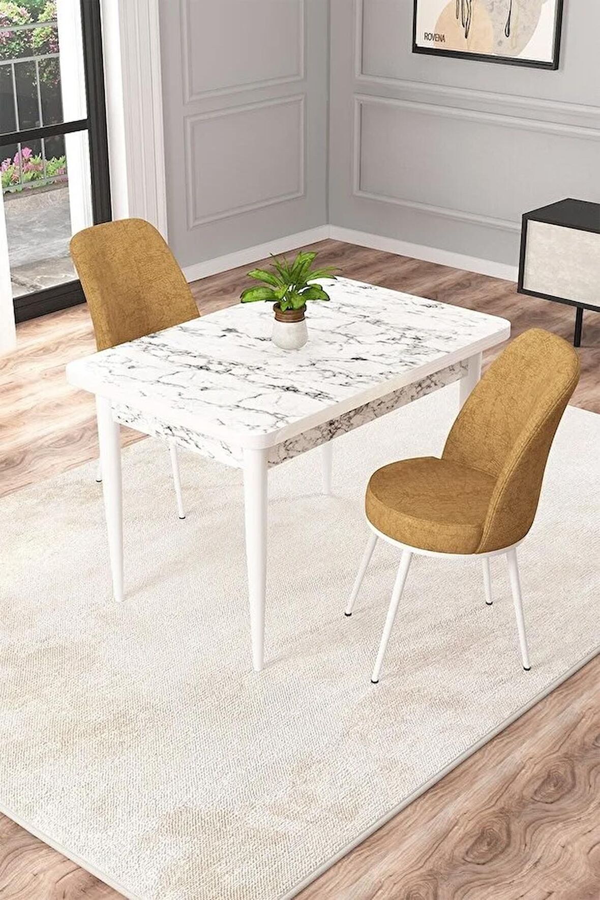 Rovena Duru Beyaz Mermer 70x110 Sabit Mdf Mutfak Masası Takımı 2 Adet Sandalye