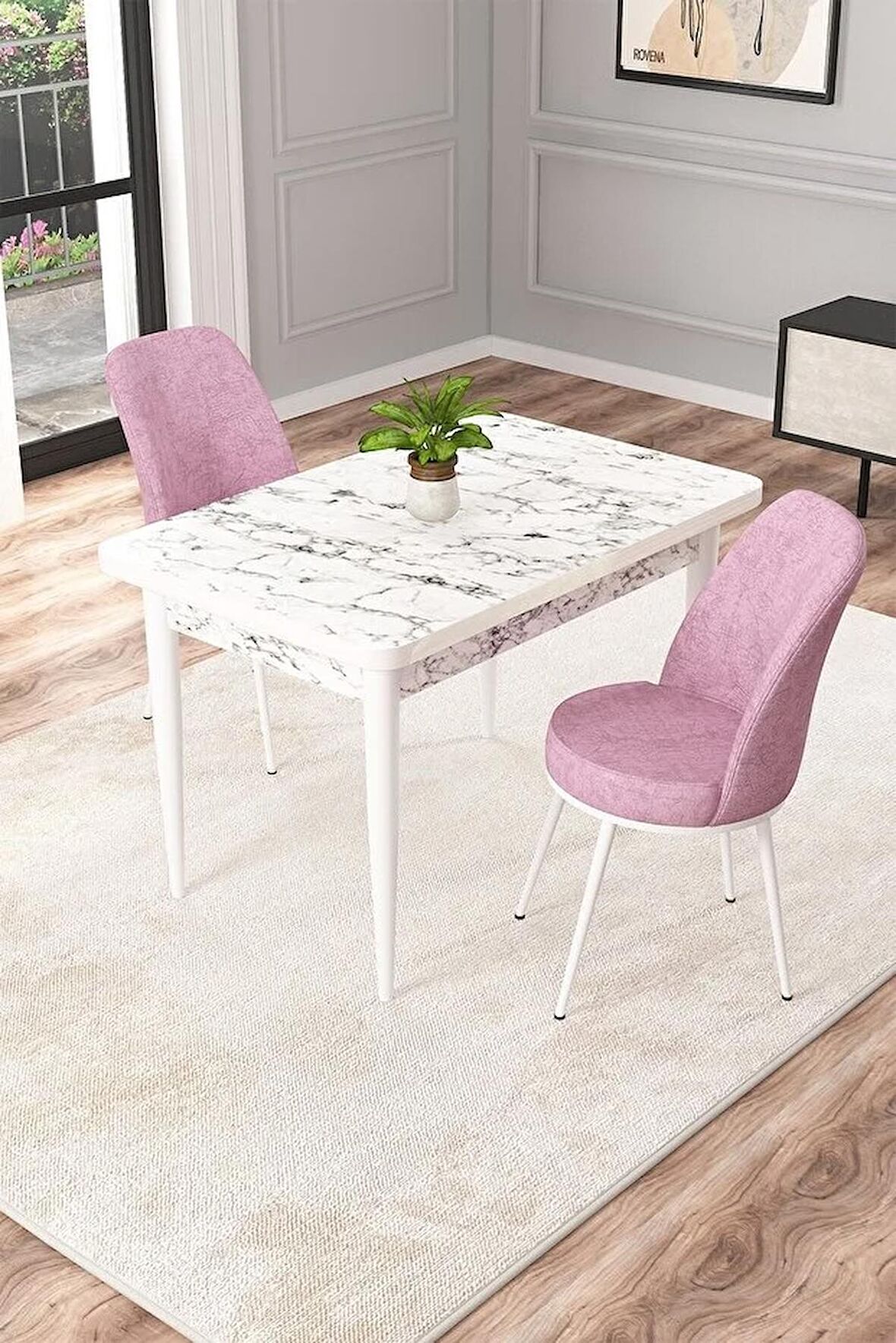 Rovena Duru Beyaz Mermer 70x110 Sabit Mdf Mutfak Masası Takımı 2 Adet Sandalye