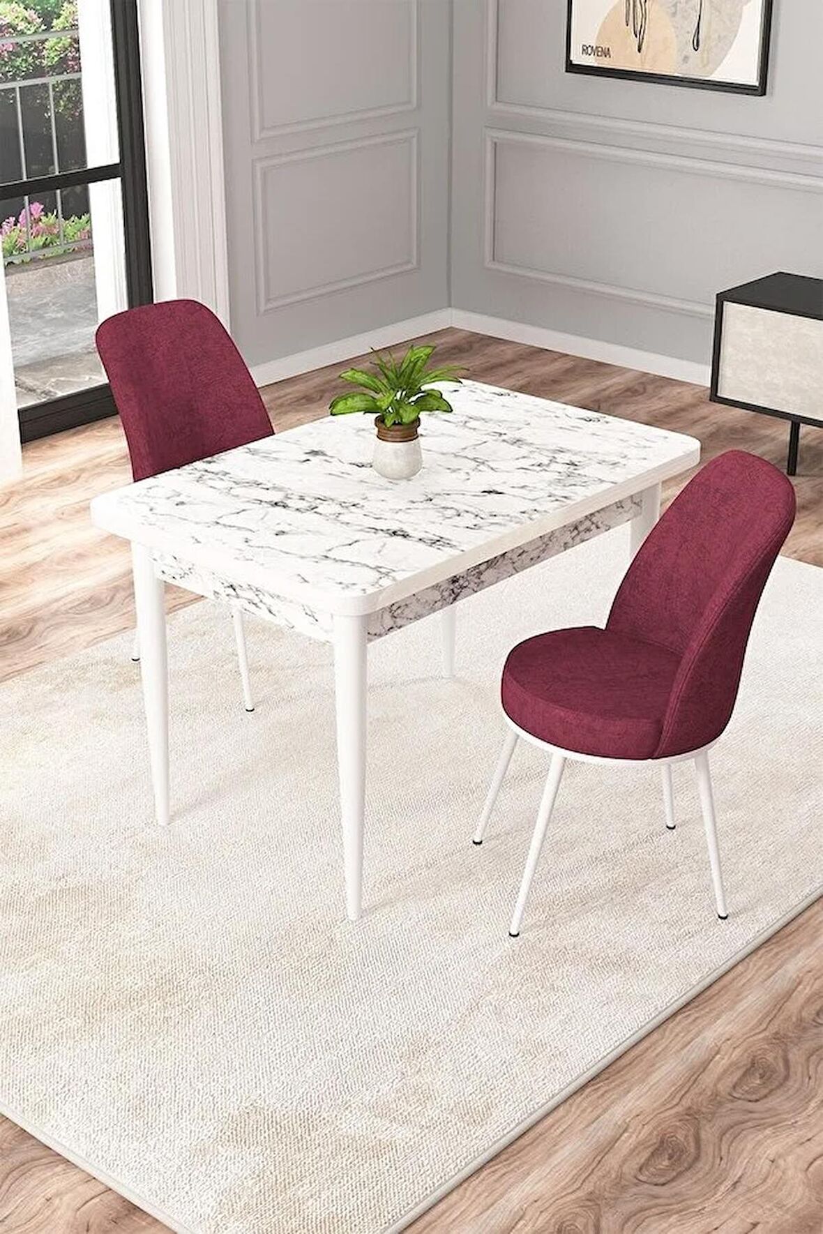 Rovena Duru Beyaz Mermer 70x110 Sabit Mdf Mutfak Masası Takımı 2 Adet Sandalye