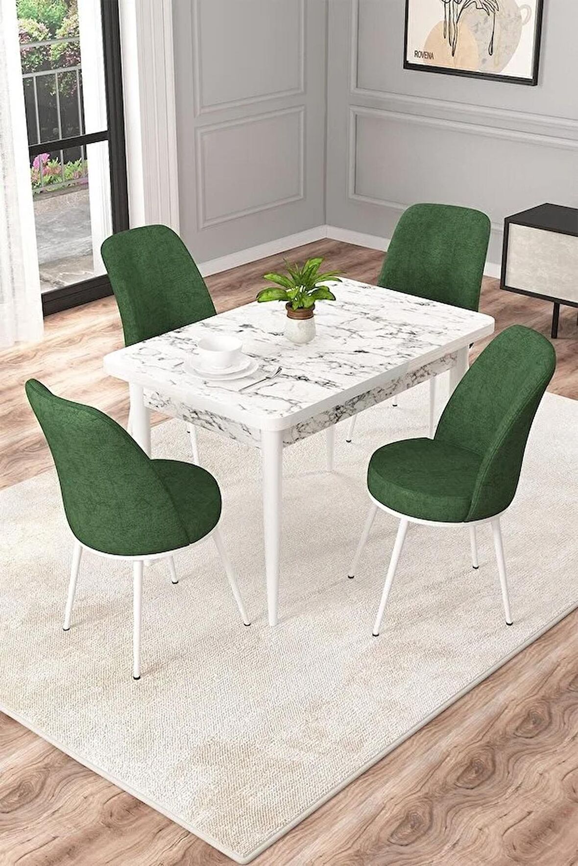 Rovena Duru Beyaz Mermer 70x110 Sabit Mdf Mutfak Masası Takımı 4 Adet Sandalye