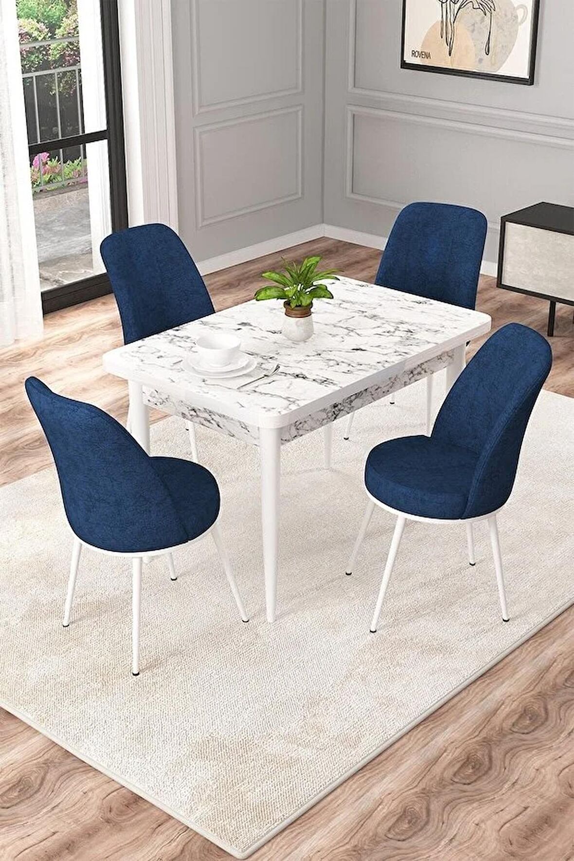 Rovena Duru Beyaz Mermer 70x110 Sabit Mdf Mutfak Masası Takımı 4 Adet Sandalye