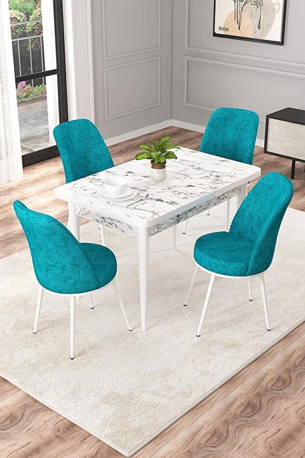 Rovena Duru Beyaz Mermer 70x110 Sabit Mdf Mutfak Masası Takımı 4 Adet Sandalye