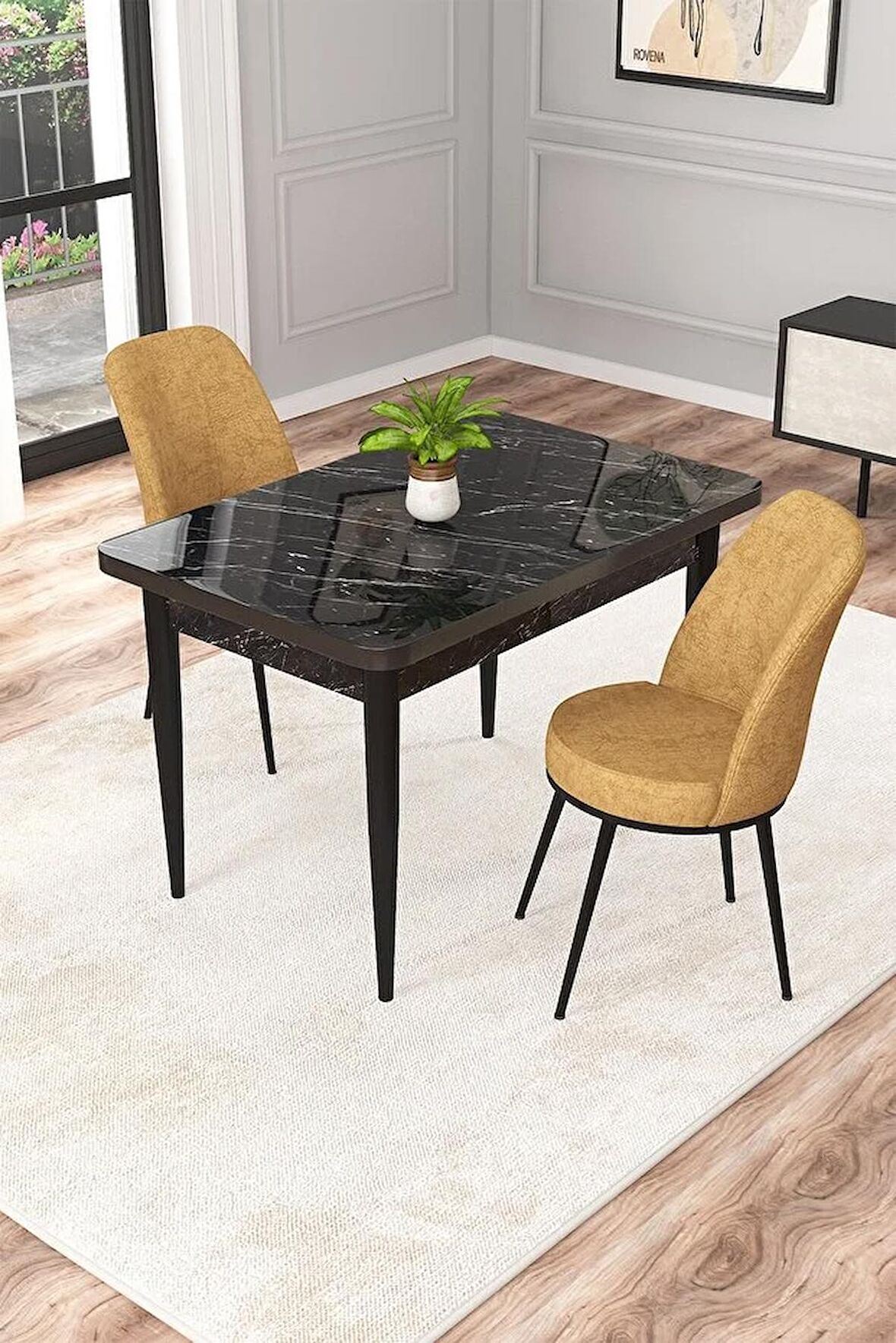 Rovena Duru Siyah Mermer 70x110 Sabit Mdf Mutfak Masası Takımı 2 Adet Sandalye