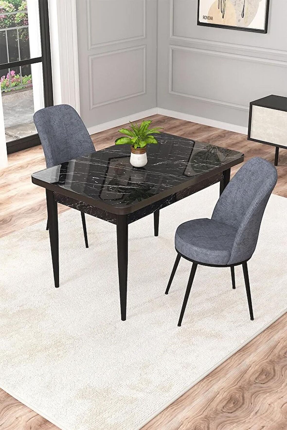 Rovena Duru Siyah Mermer 70x110 Sabit Mdf Mutfak Masası Takımı 2 Adet Sandalye