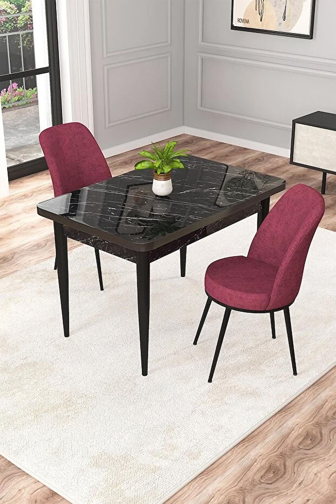 Rovena Duru Siyah Mermer 70x110 Sabit Mdf Mutfak Masası Takımı 2 Adet Sandalye