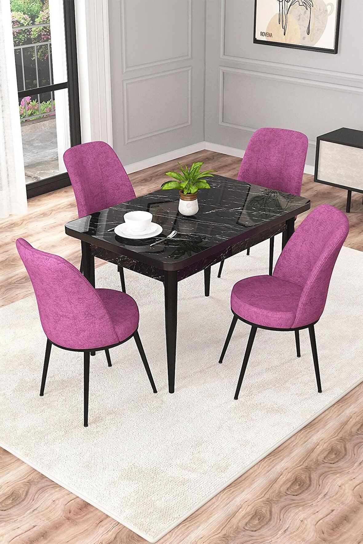 Rovena Duru Siyah Mermer 70x110 Sabit Mdf Mutfak Masası Takımı 4 Adet Sandalye