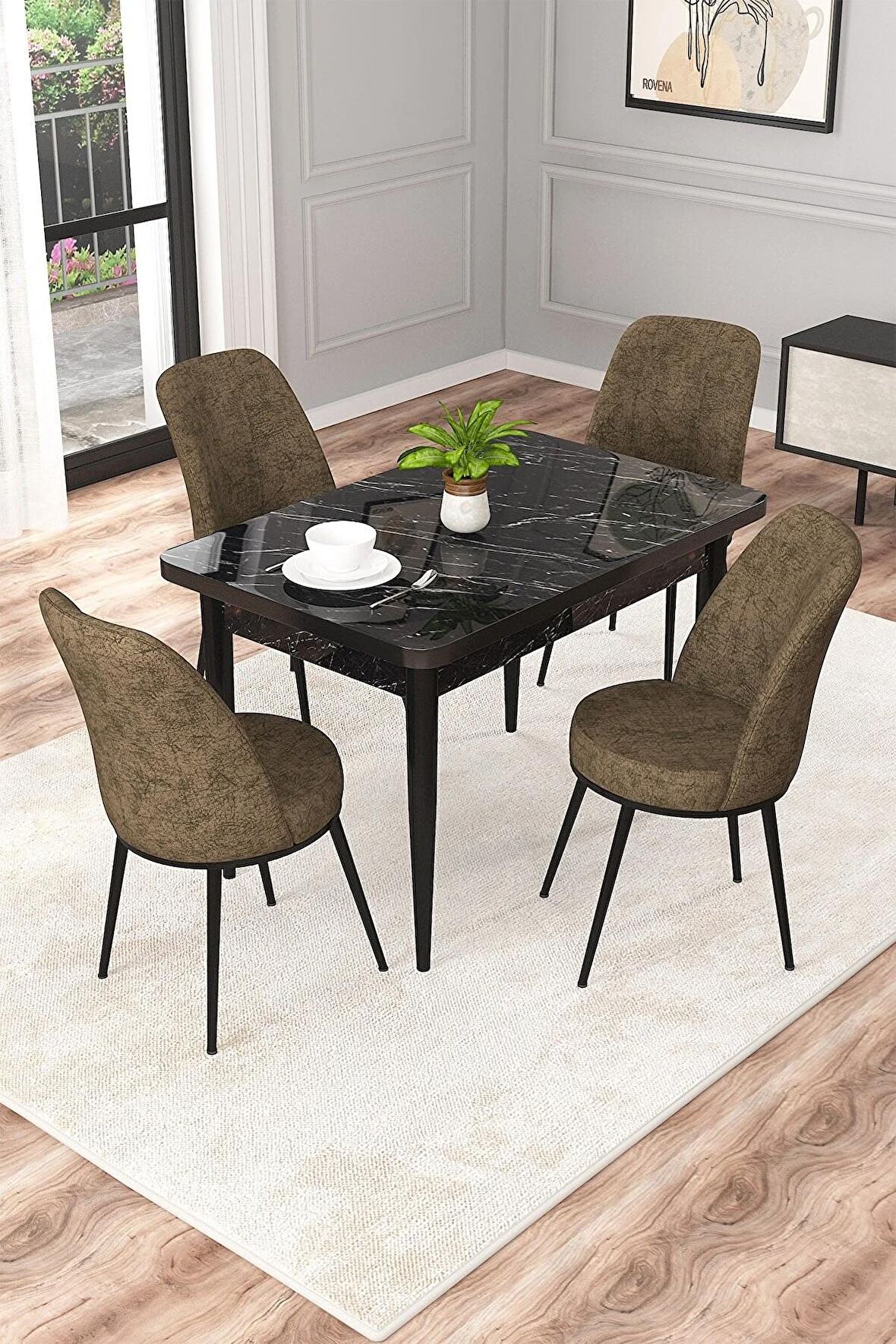 Rovena Duru Siyah Mermer 70x110 Sabit Mdf Mutfak Masası Takımı 4 Adet Sandalye