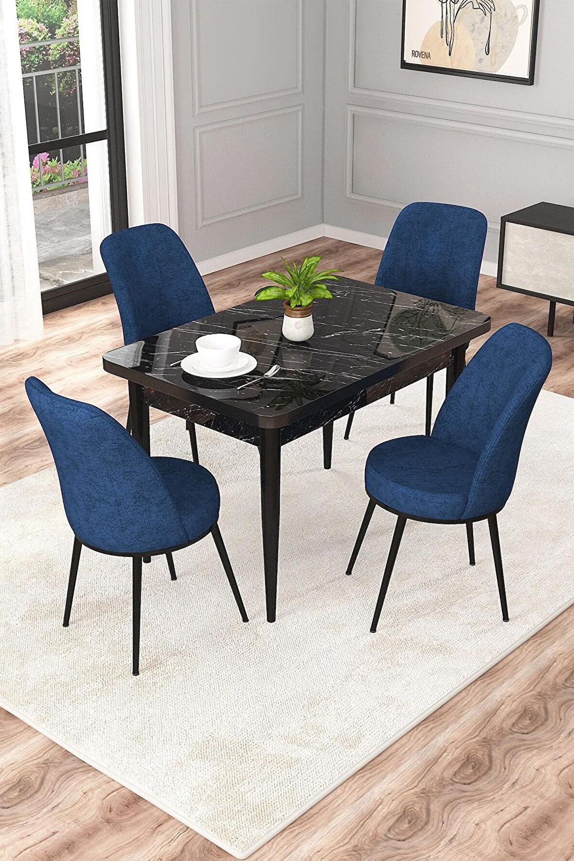 Rovena Duru Siyah Mermer 70x110 Sabit Mdf Mutfak Masası Takımı 4 Adet Sandalye