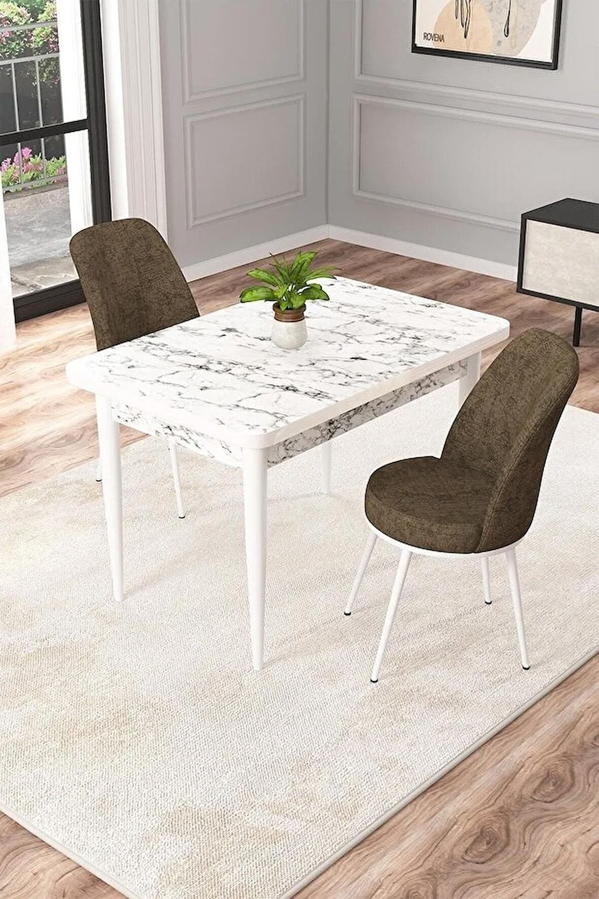 Rovena Raum Beyaz Mermer 70x110 Sabit Suntalam Mutfak Masası Takımı 2 Adet Sandalye