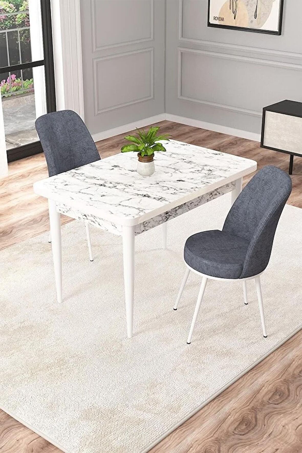 Rovena Raum Beyaz Mermer 70x110 Sabit Suntalam Mutfak Masası Takımı 2 Adet Sandalye