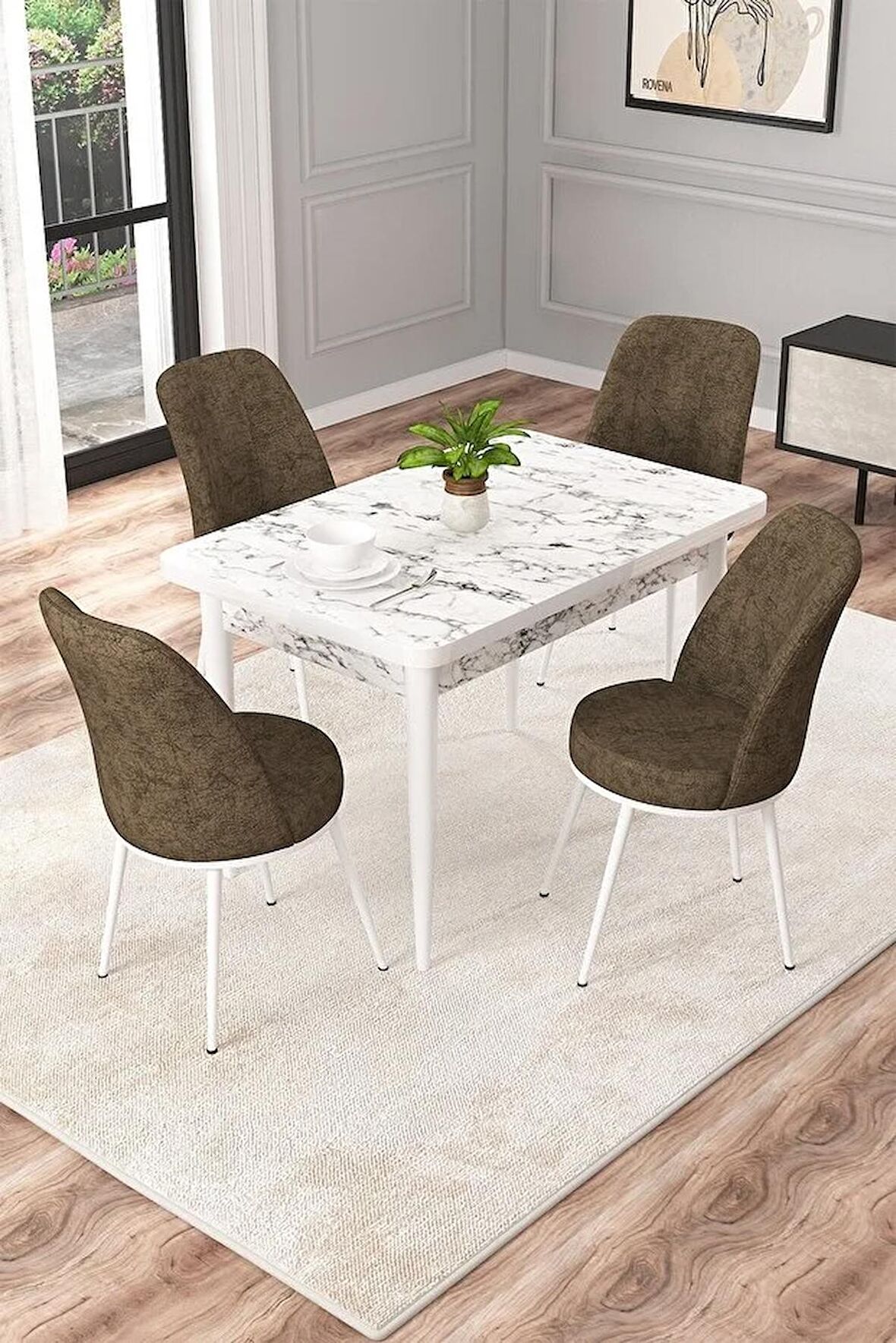Rovena Raum Beyaz Mermer 70x110 Sabit Suntalam Mutfak Masası Takımı 4 Adet Sandalye