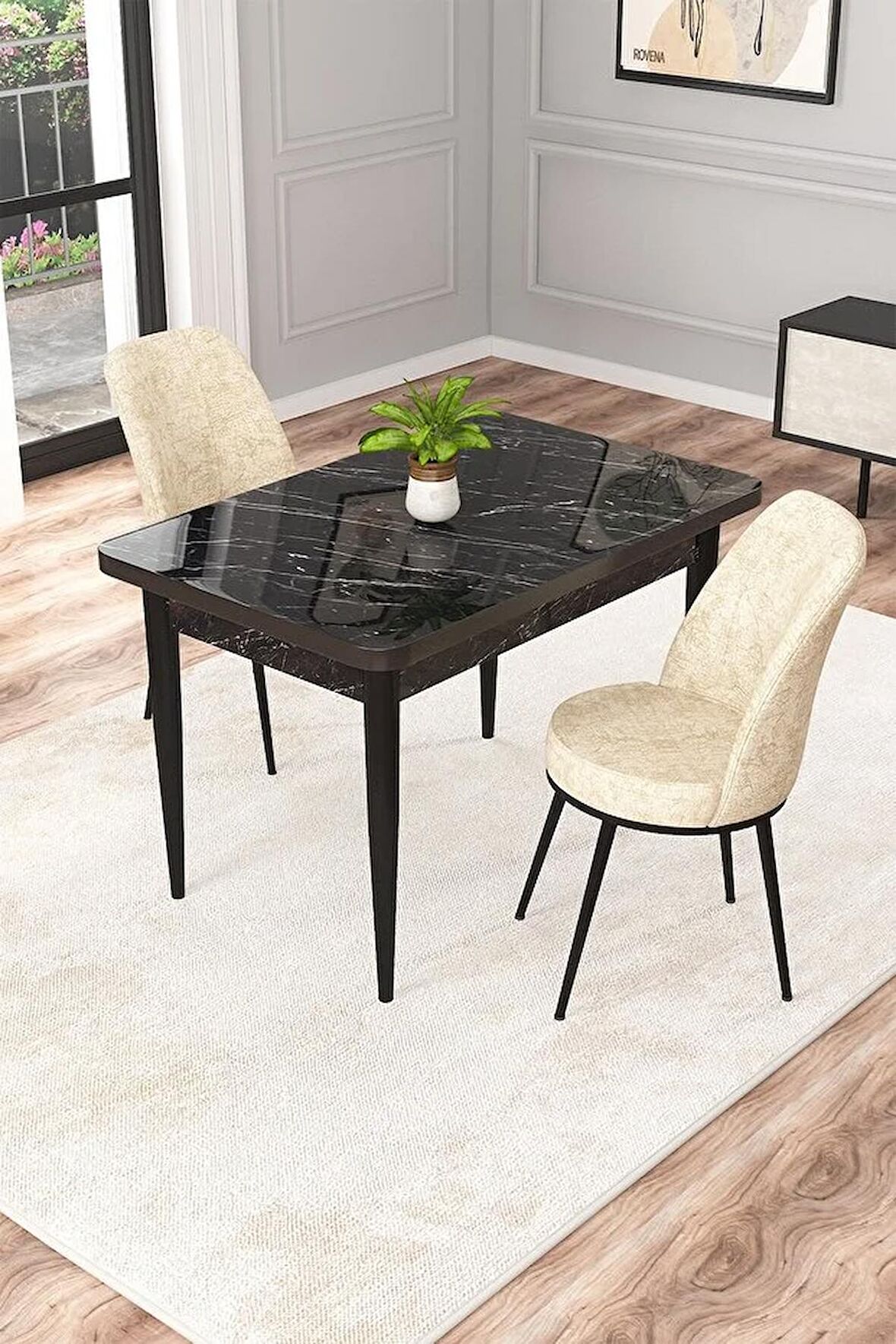 Rovena Raum Siyah Mermer 70x110 Sabit Suntalam Mutfak Masası Takımı 2 Adet Sandalye