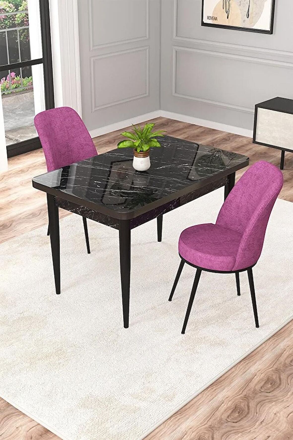 Rovena Raum Siyah Mermer 70x110 Sabit Suntalam Mutfak Masası Takımı 2 Adet Sandalye