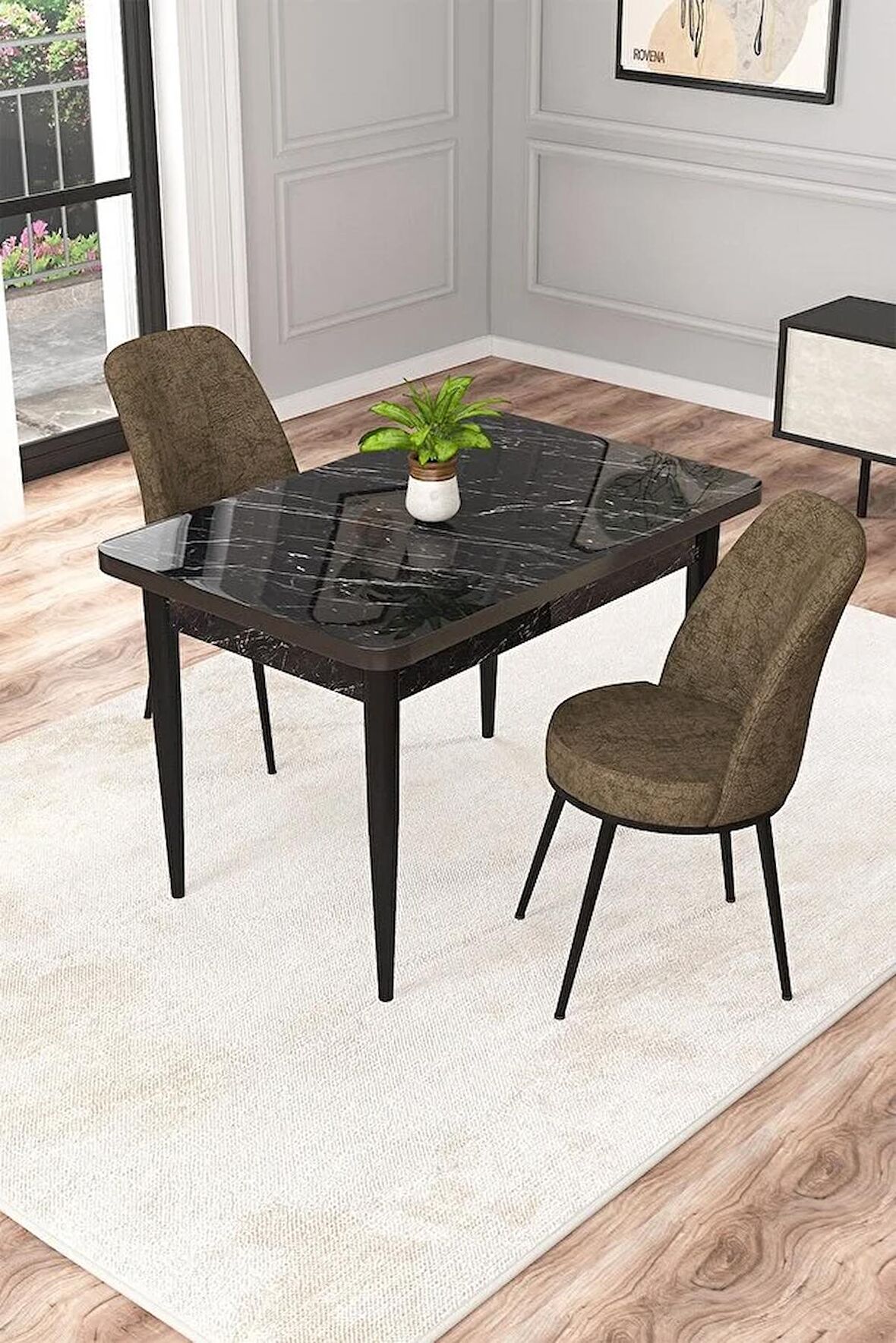 Rovena Raum Siyah Mermer 70x110 Sabit Suntalam Mutfak Masası Takımı 2 Adet Sandalye