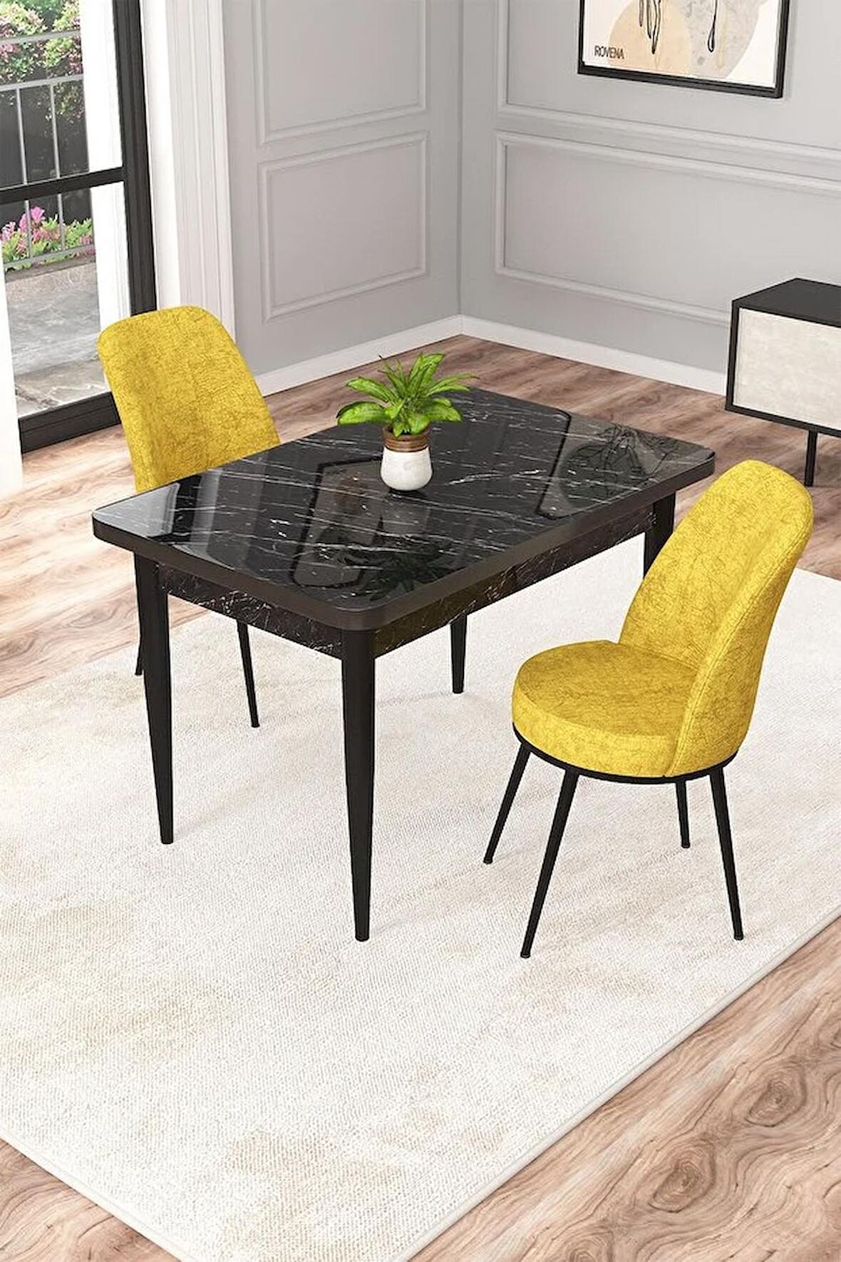 Rovena Raum Siyah Mermer 70x110 Sabit Suntalam Mutfak Masası Takımı 2 Adet Sandalye