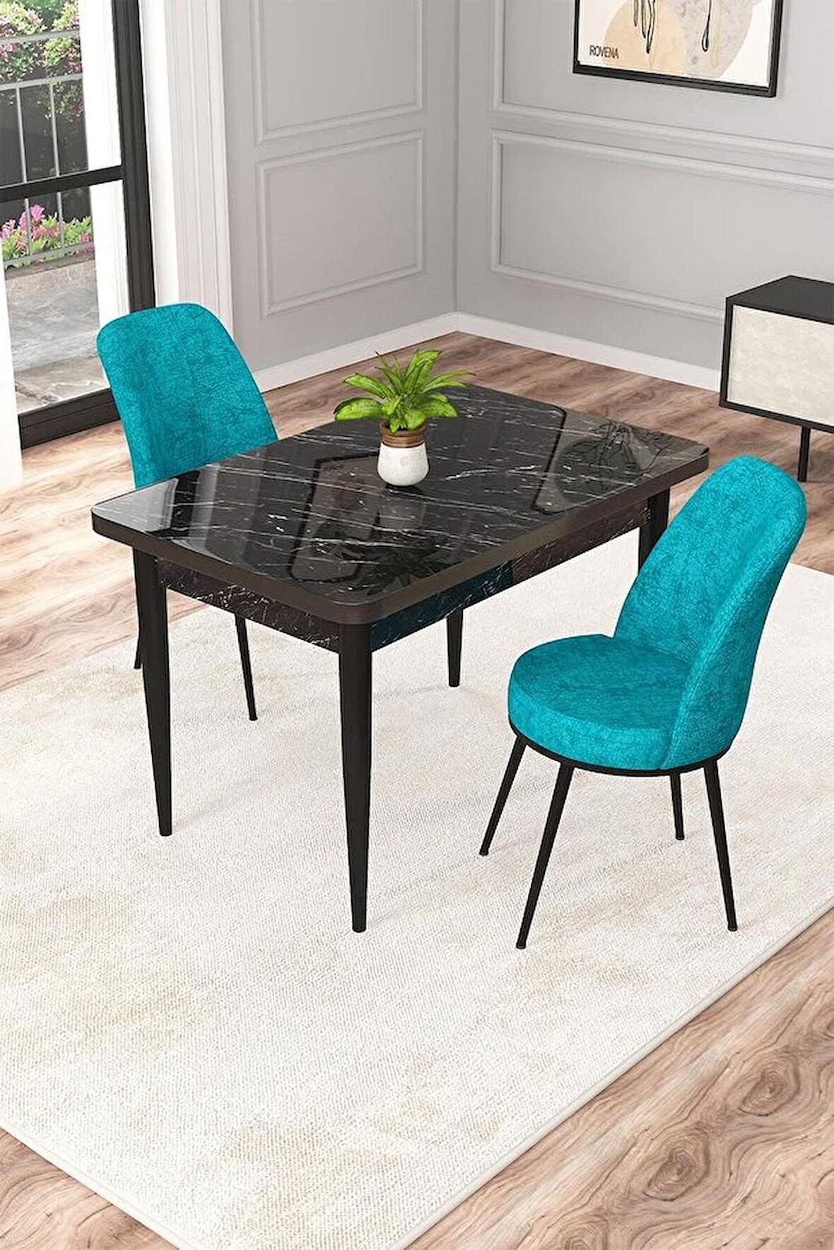 Rovena Raum Siyah Mermer 70x110 Sabit Suntalam Mutfak Masası Takımı 2 Adet Sandalye